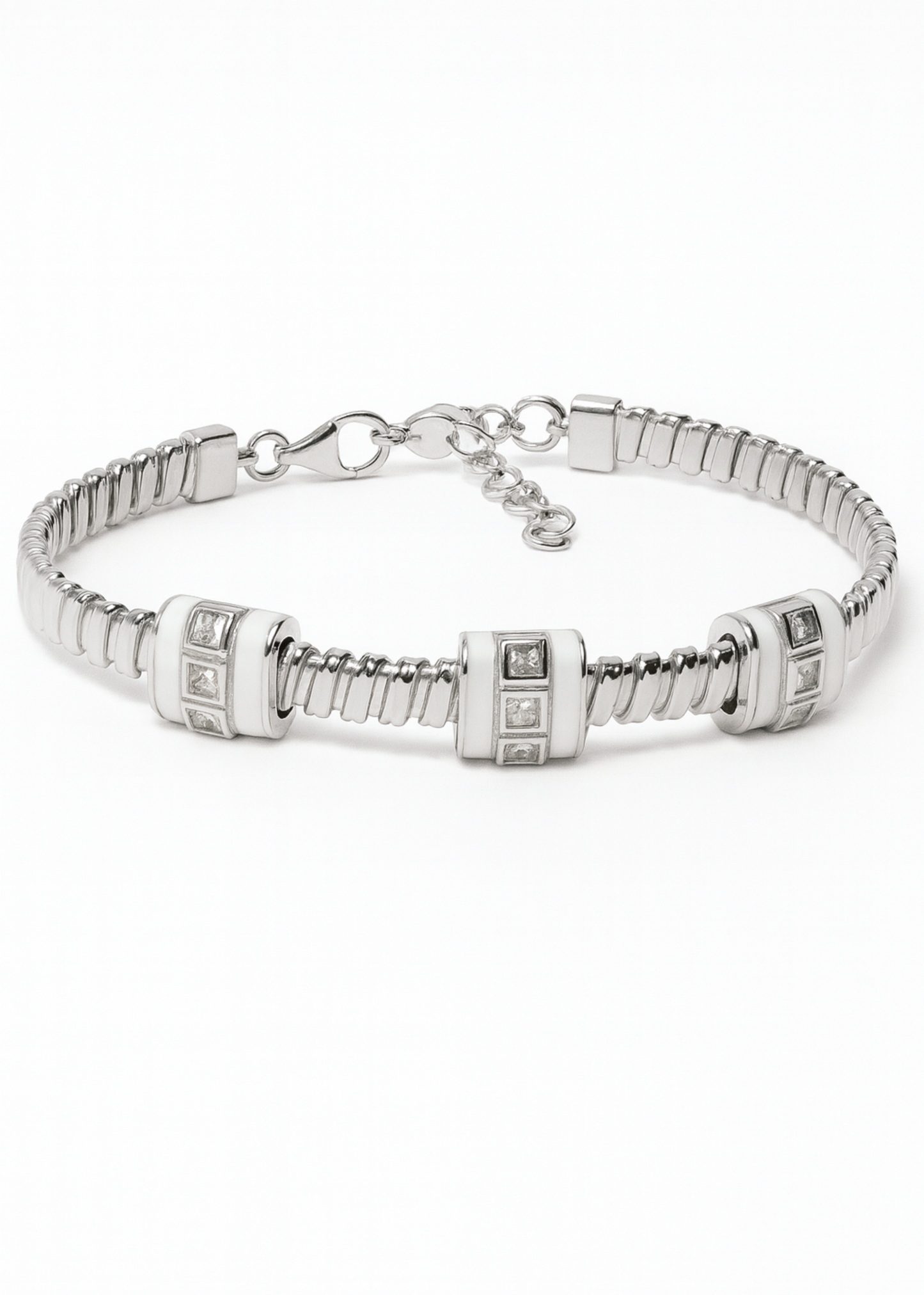 Silver bracelet with square links on a white background