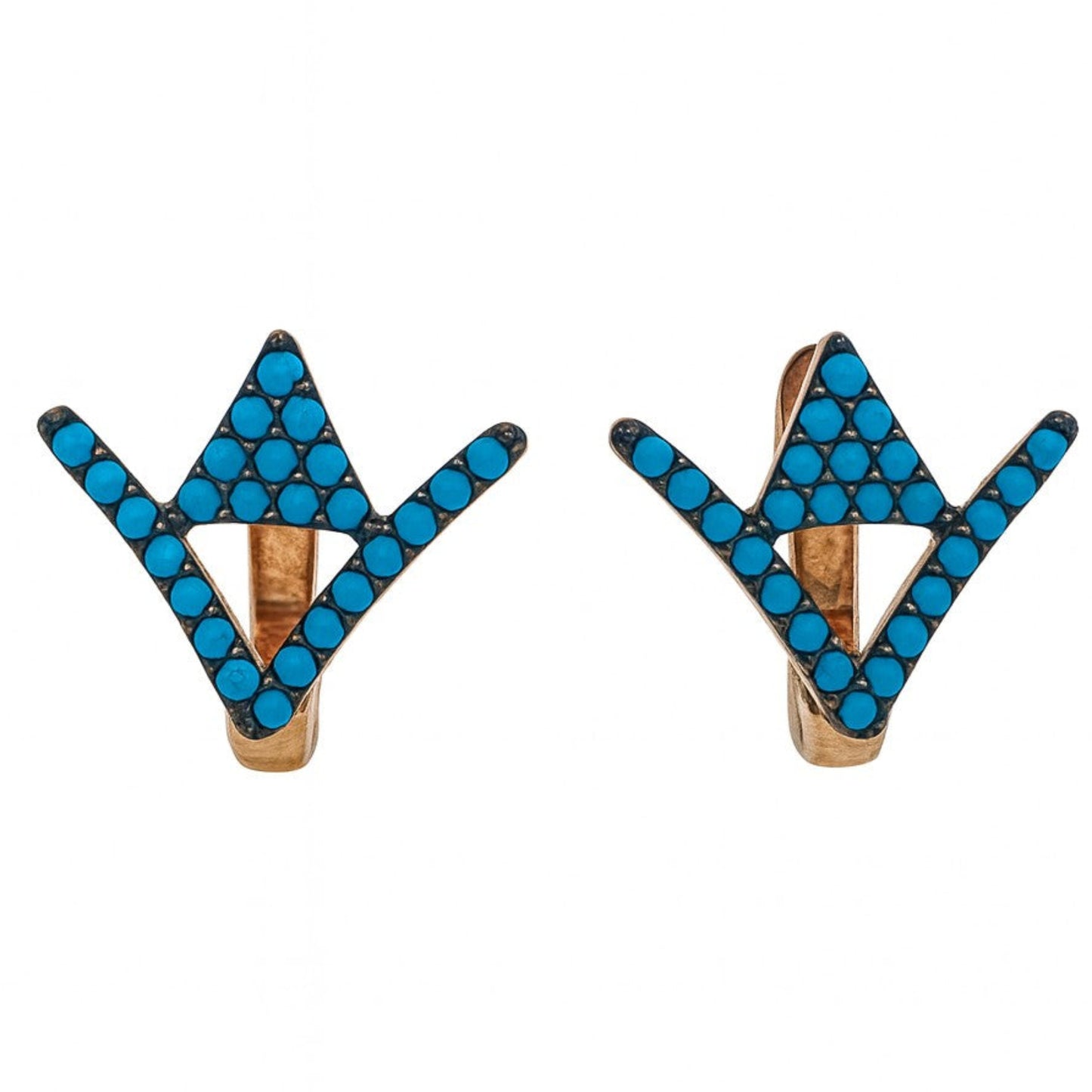 Pair of earrings with blue triangular design on a white background