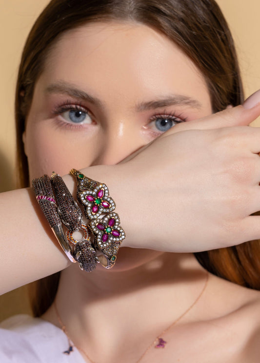 Floral Double Motif -925 Silver Bangle