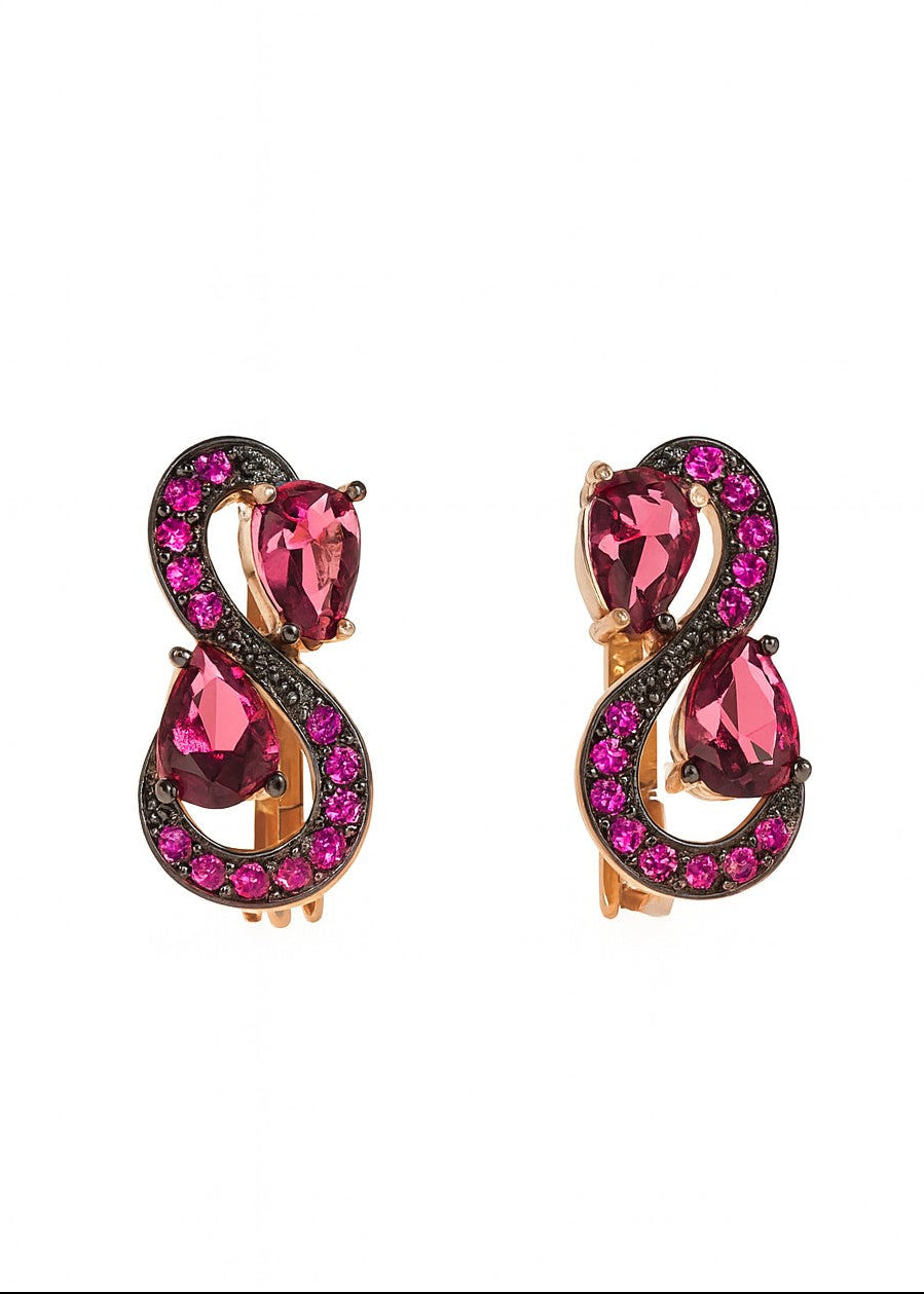 Pair of pink gemstone earrings on a white background