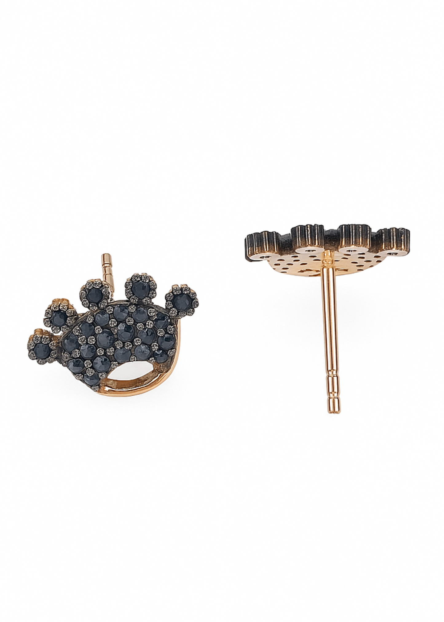Crown-shaped earrings with black gemstones on a white background