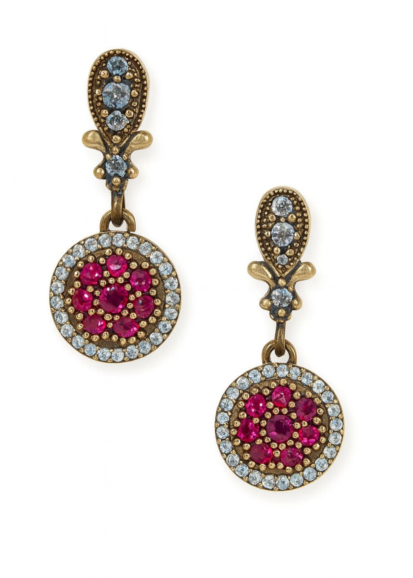 Pair of earrings with pink gemstones and gold accents on a white background