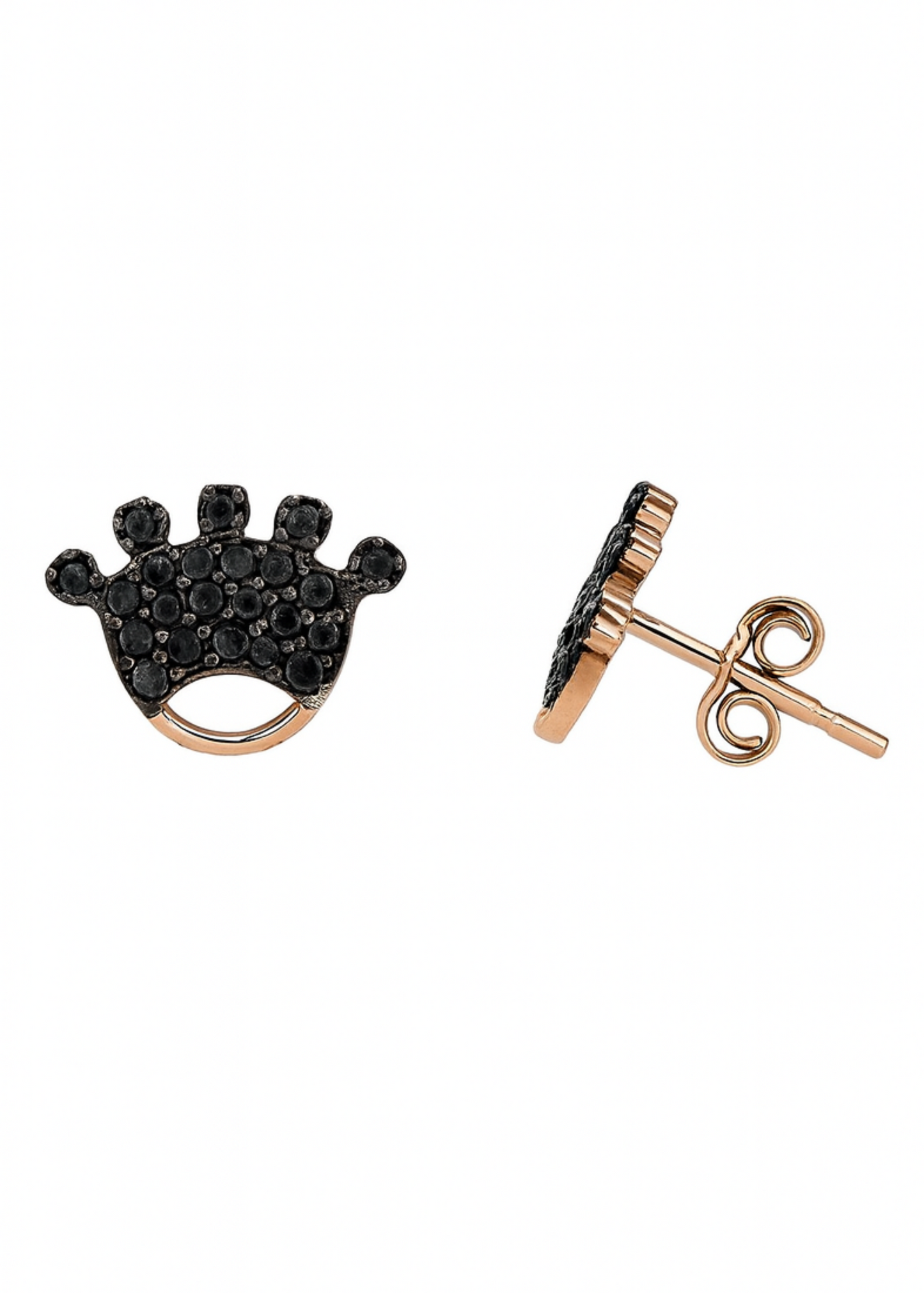 Rose gold earrings with black gemstones on a white background