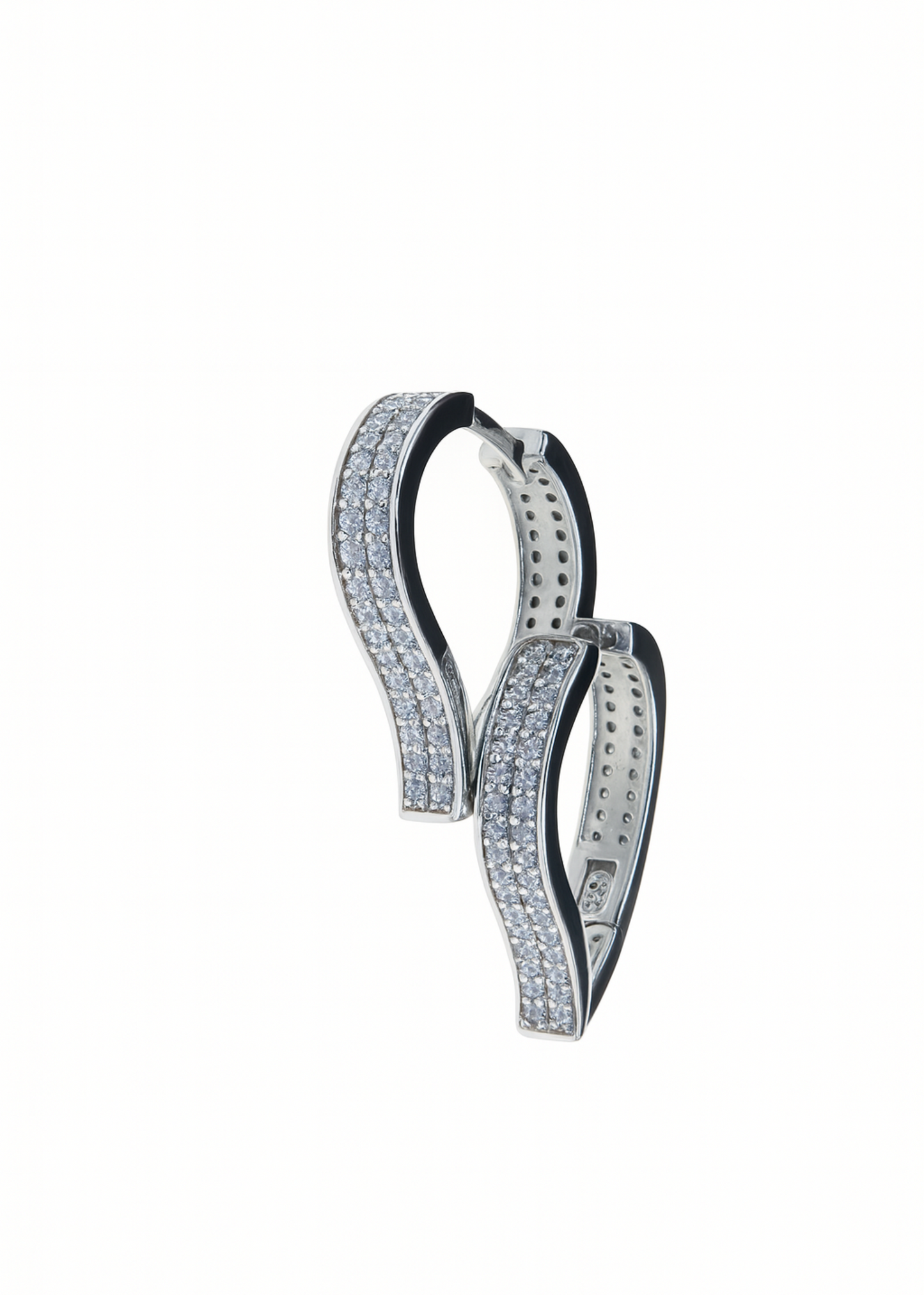 Pair of silver hoop earrings with black accents on a white background