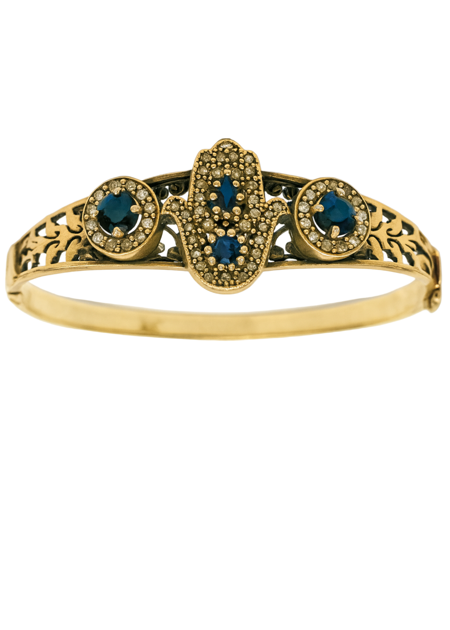 Gold bracelet with blue gemstones on a white background