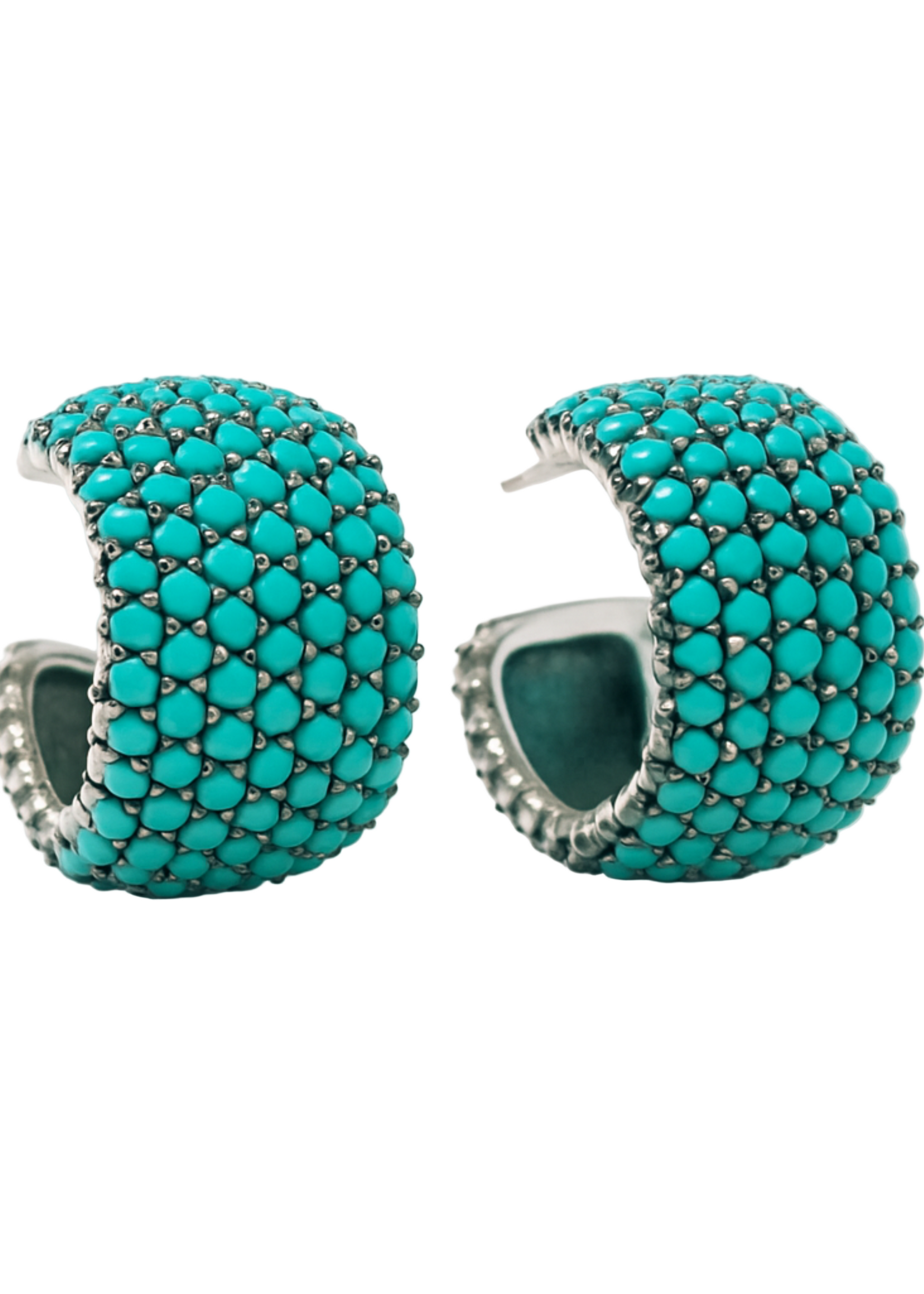 Turquoise hoop earrings with silver detailing on a white background
