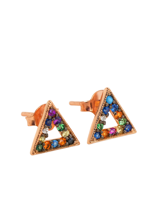 Triangle-shaped earrings with colorful gemstones on a white background