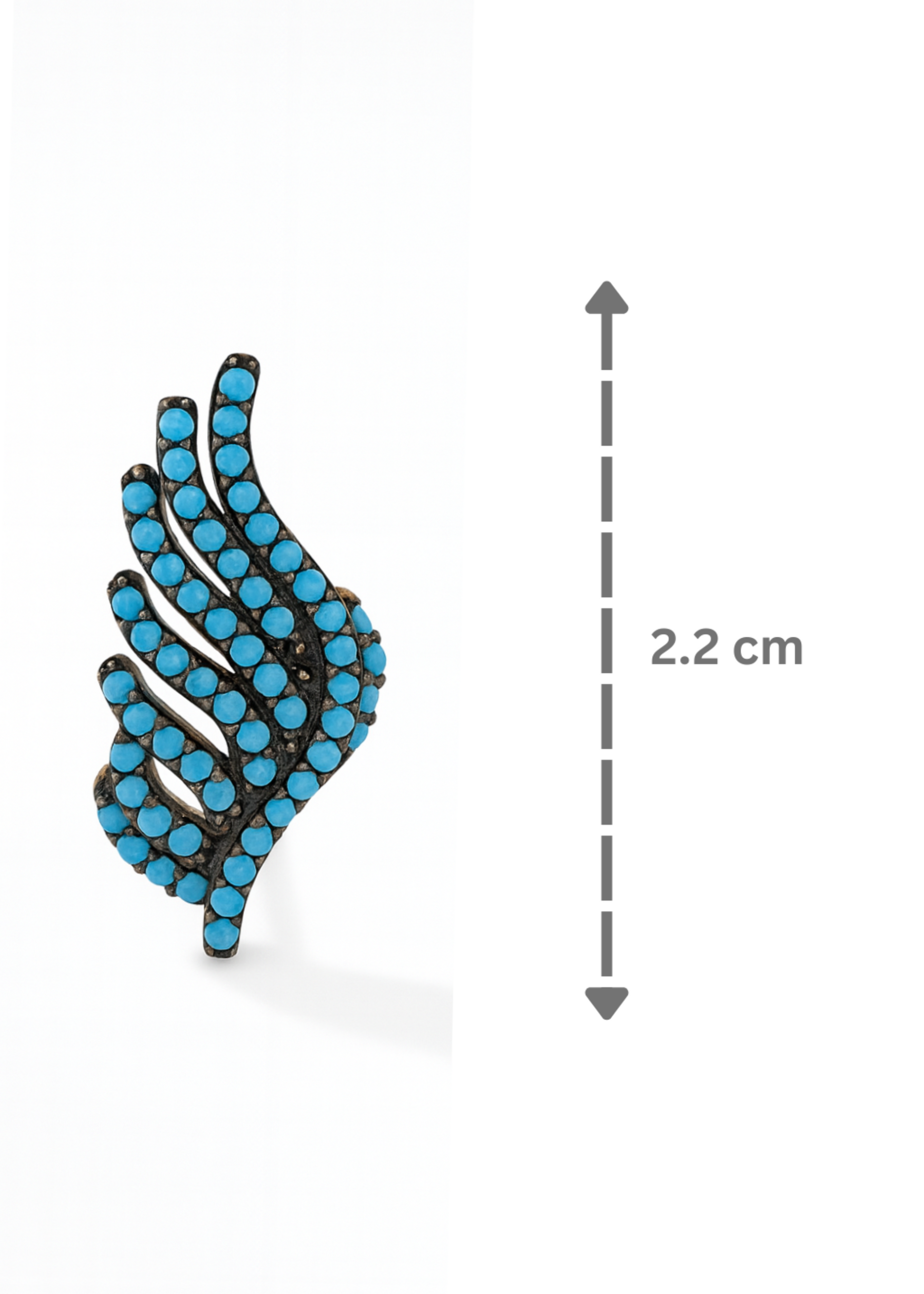 Turquoise and black decorative item with measurement on a white background