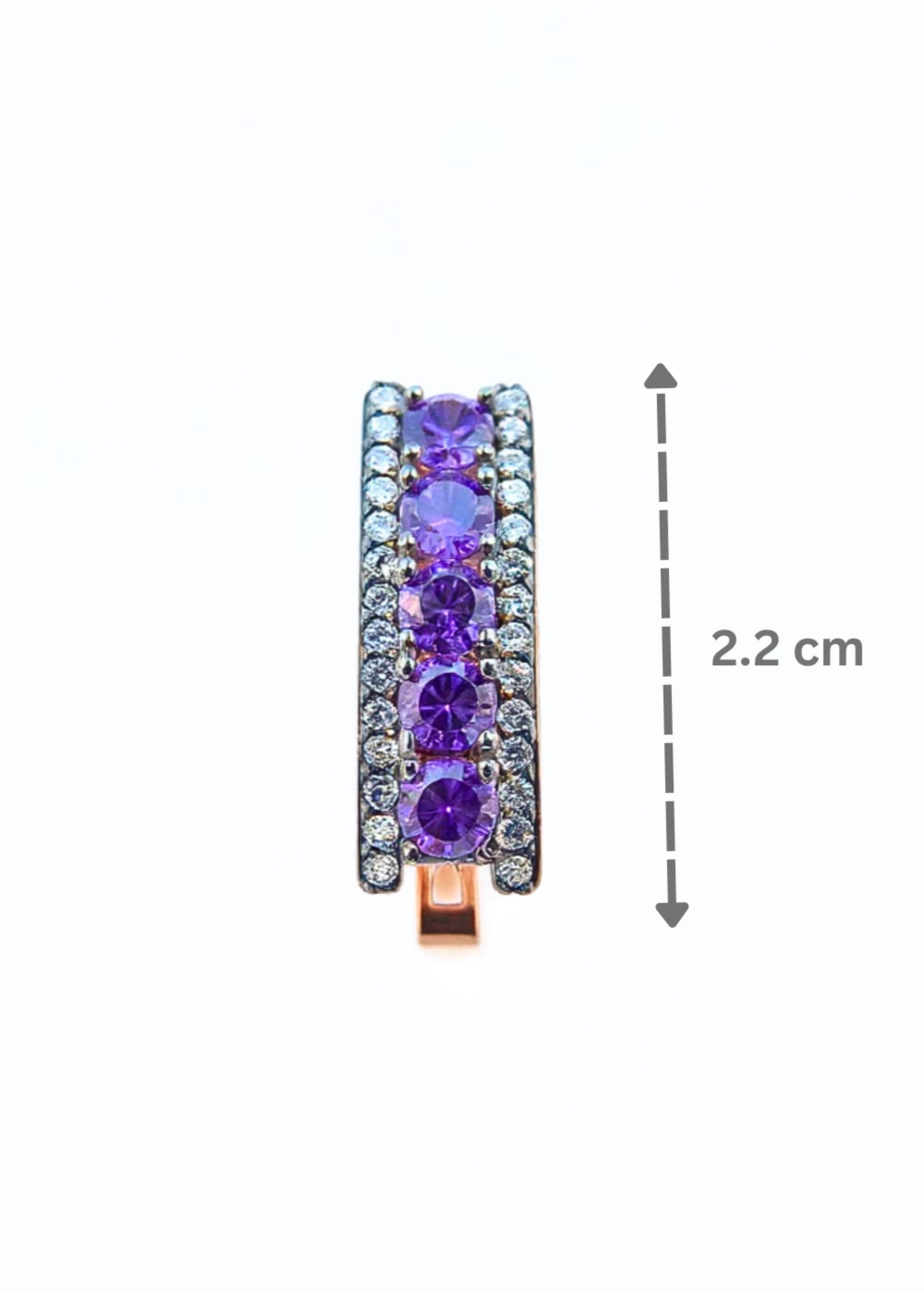 Jewelry with purple gemstones and rose gold base, shown with a measurement of 2.2 cm.
