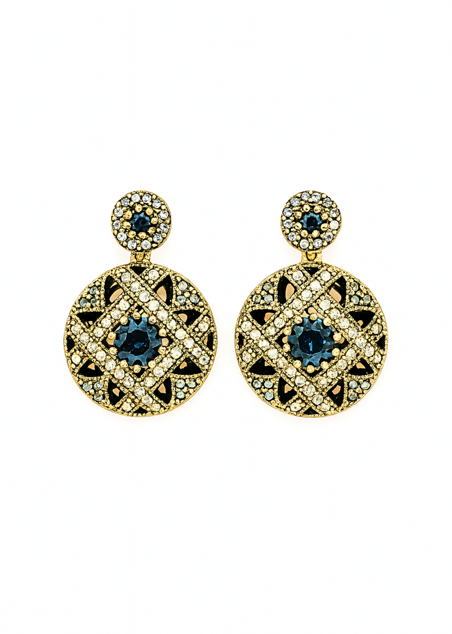 Pair of gold earrings with blue gemstones on a white background