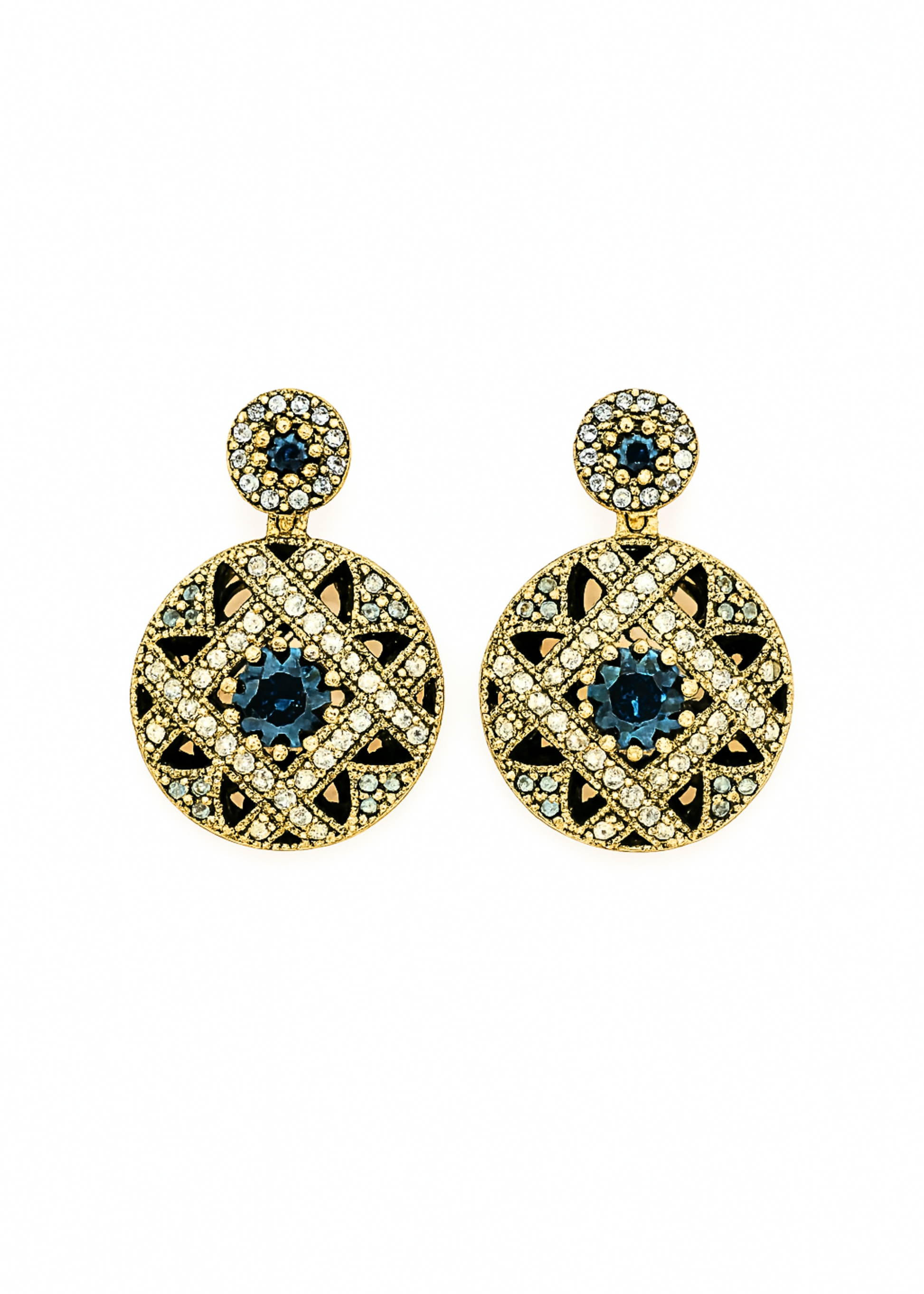Pair of gold earrings with blue gemstones on a white background