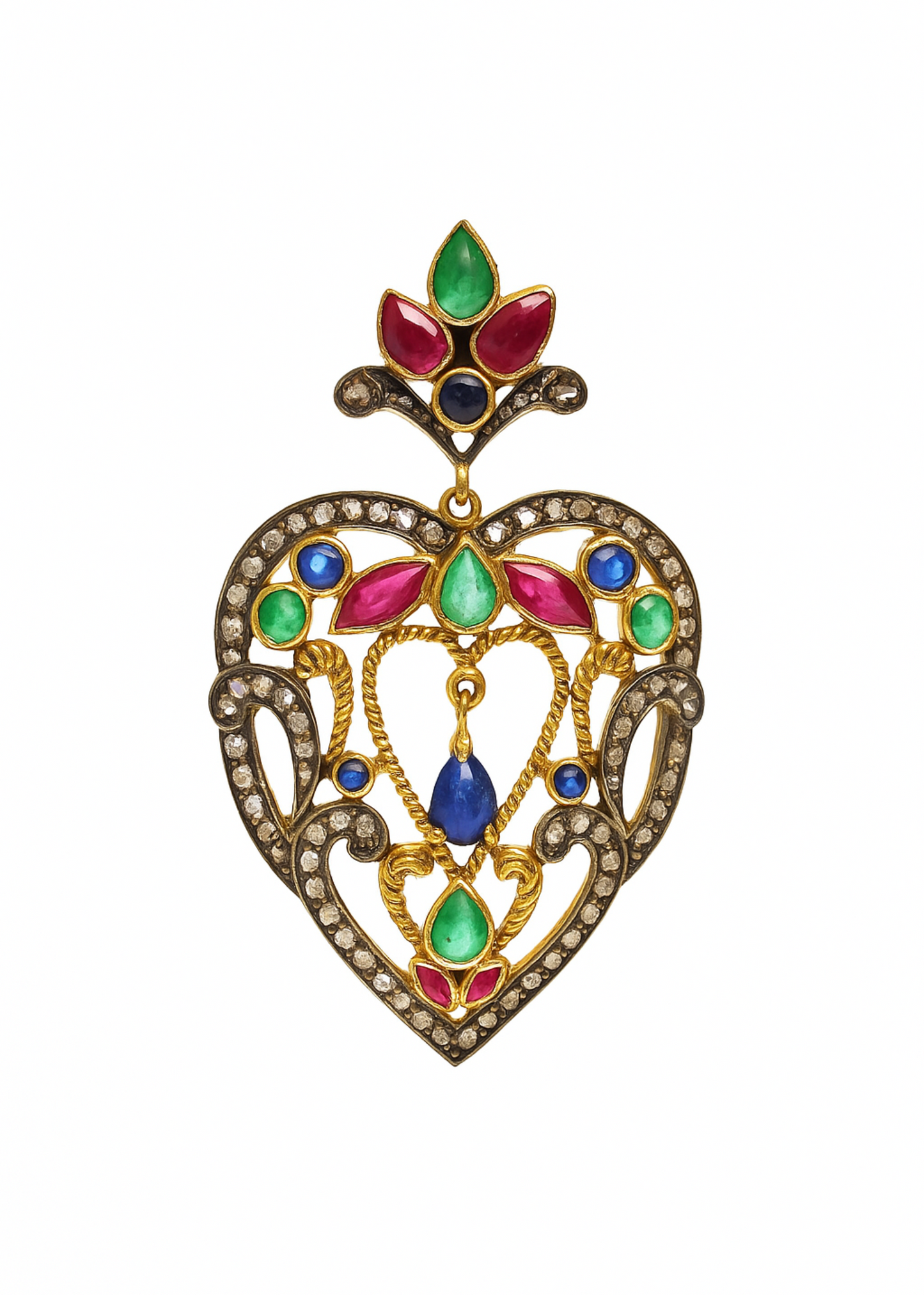 Decorative heart-shaped pendant with colorful gemstones on a white background