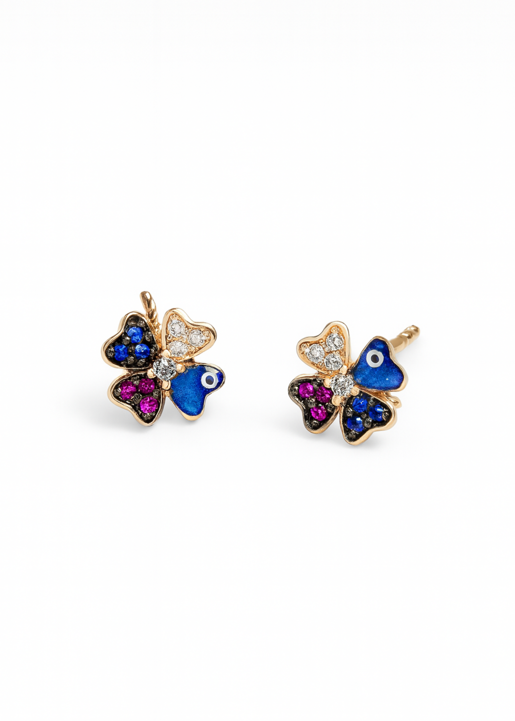 Butterfly-shaped earrings with colorful gemstones on a white background