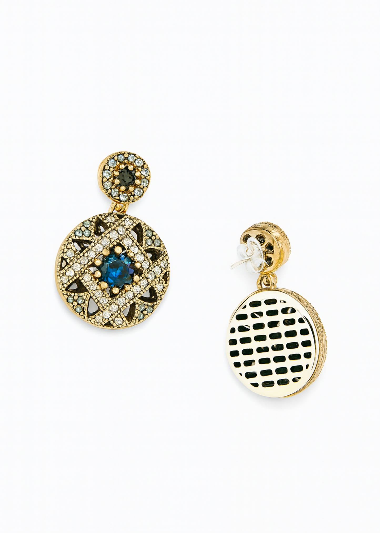 Pair of gold earrings with gemstones on a white background