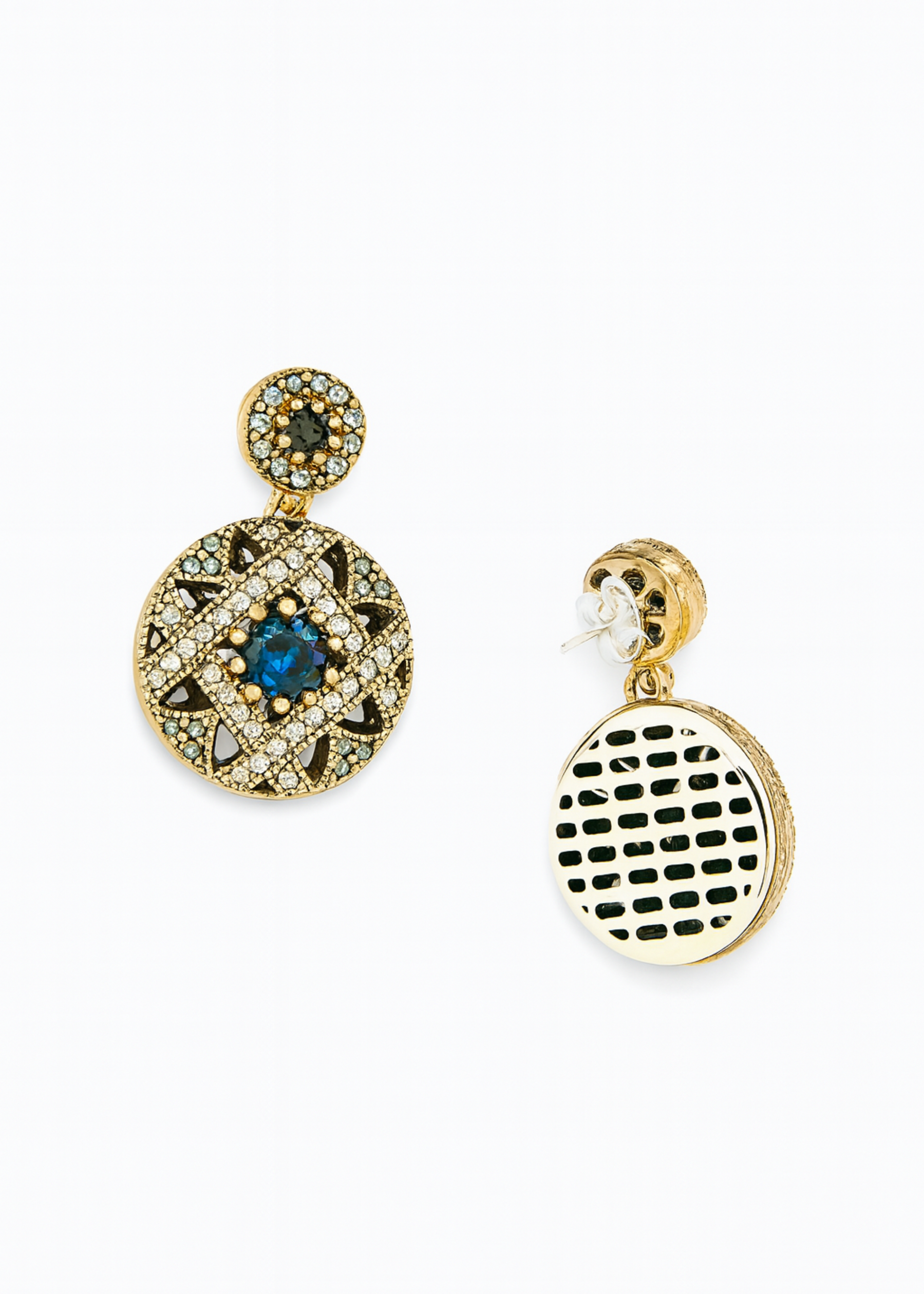 Pair of gold earrings with gemstones on a white background