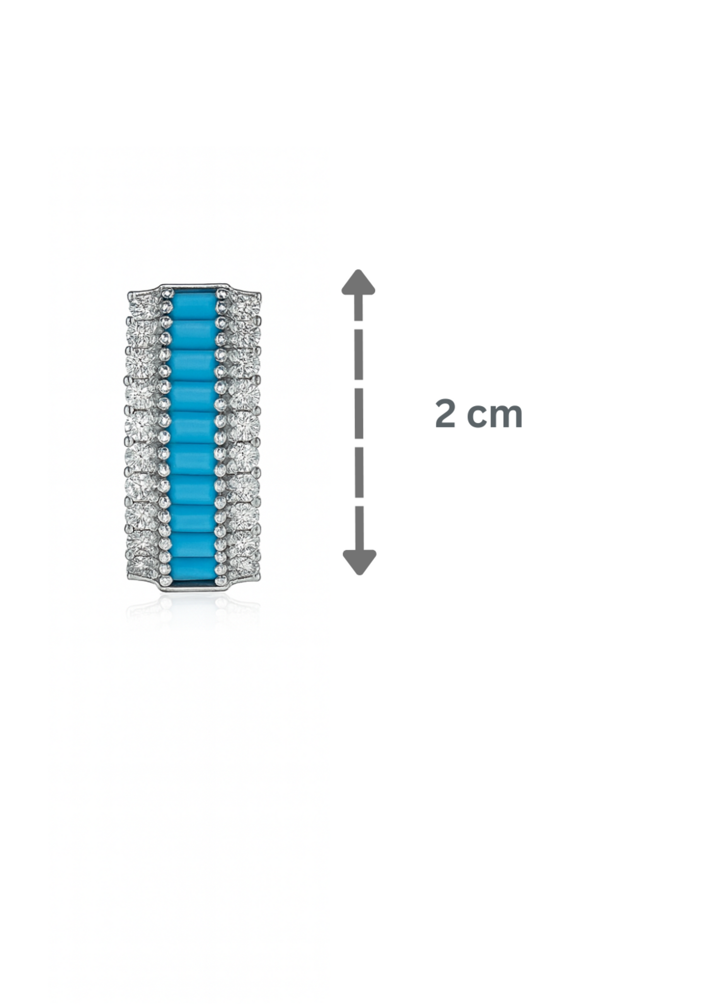 Jewelry ring with blue gemstones and diamond accents, shown with a measurement of 2 cm on a white background.