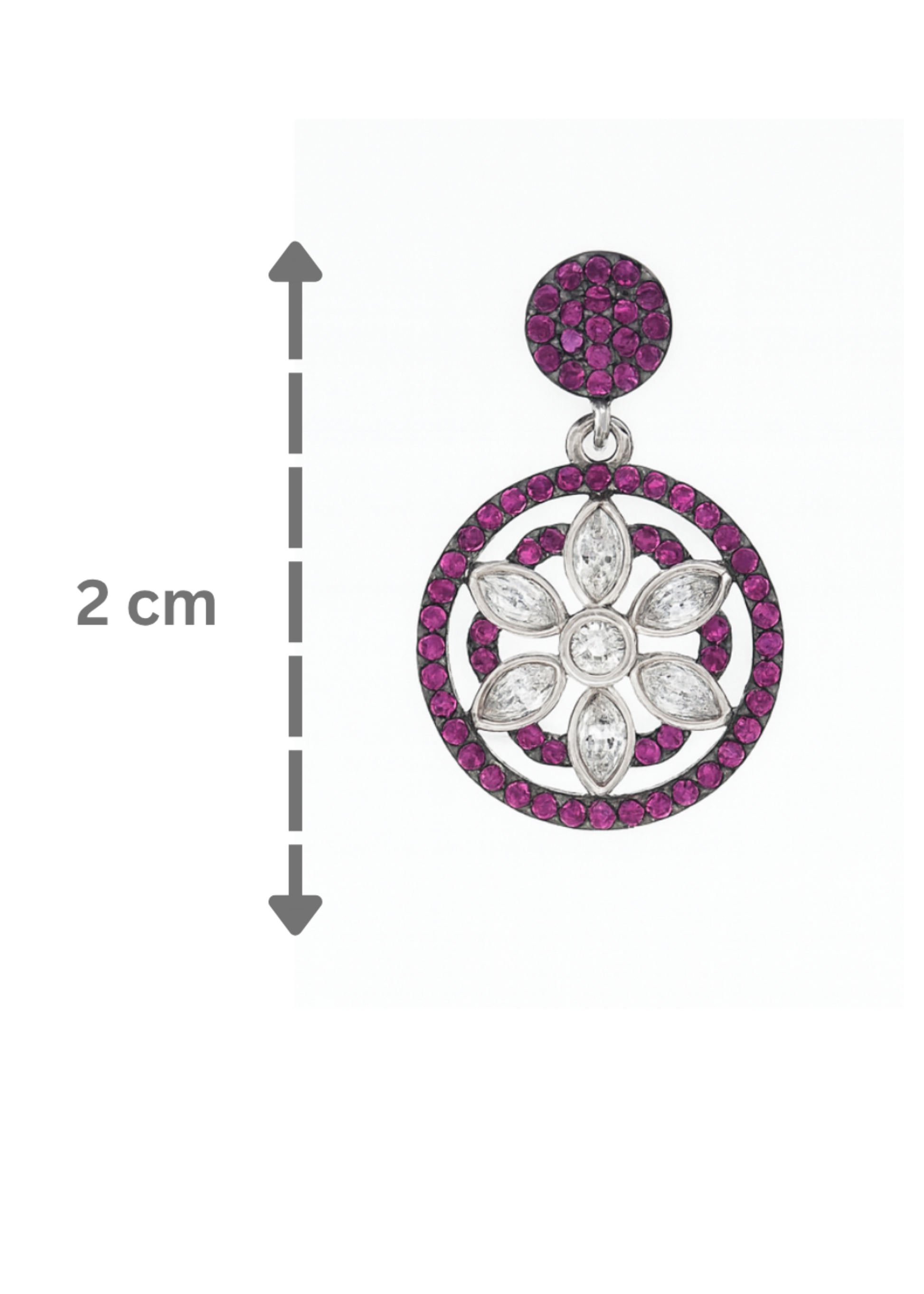 Jewelry earring with floral design and pink gemstones, shown with a measurement scale on a white background.