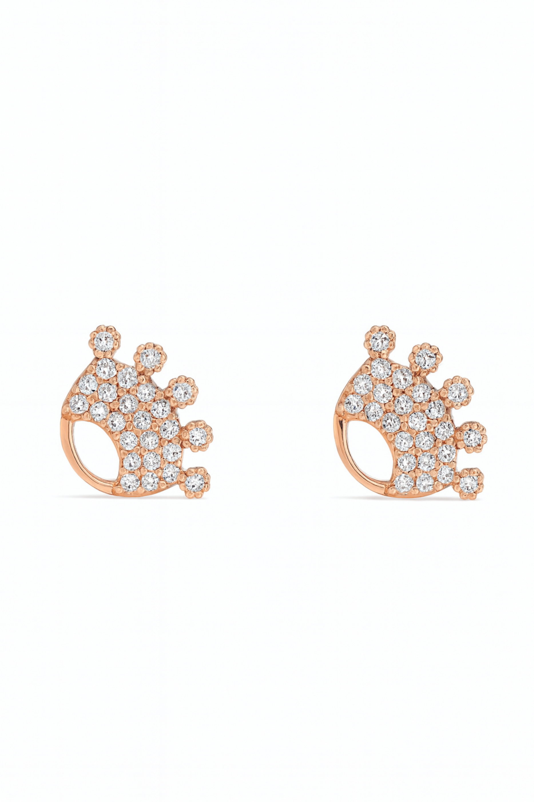 Rose gold crown-shaped earrings with clear gemstones on a white background