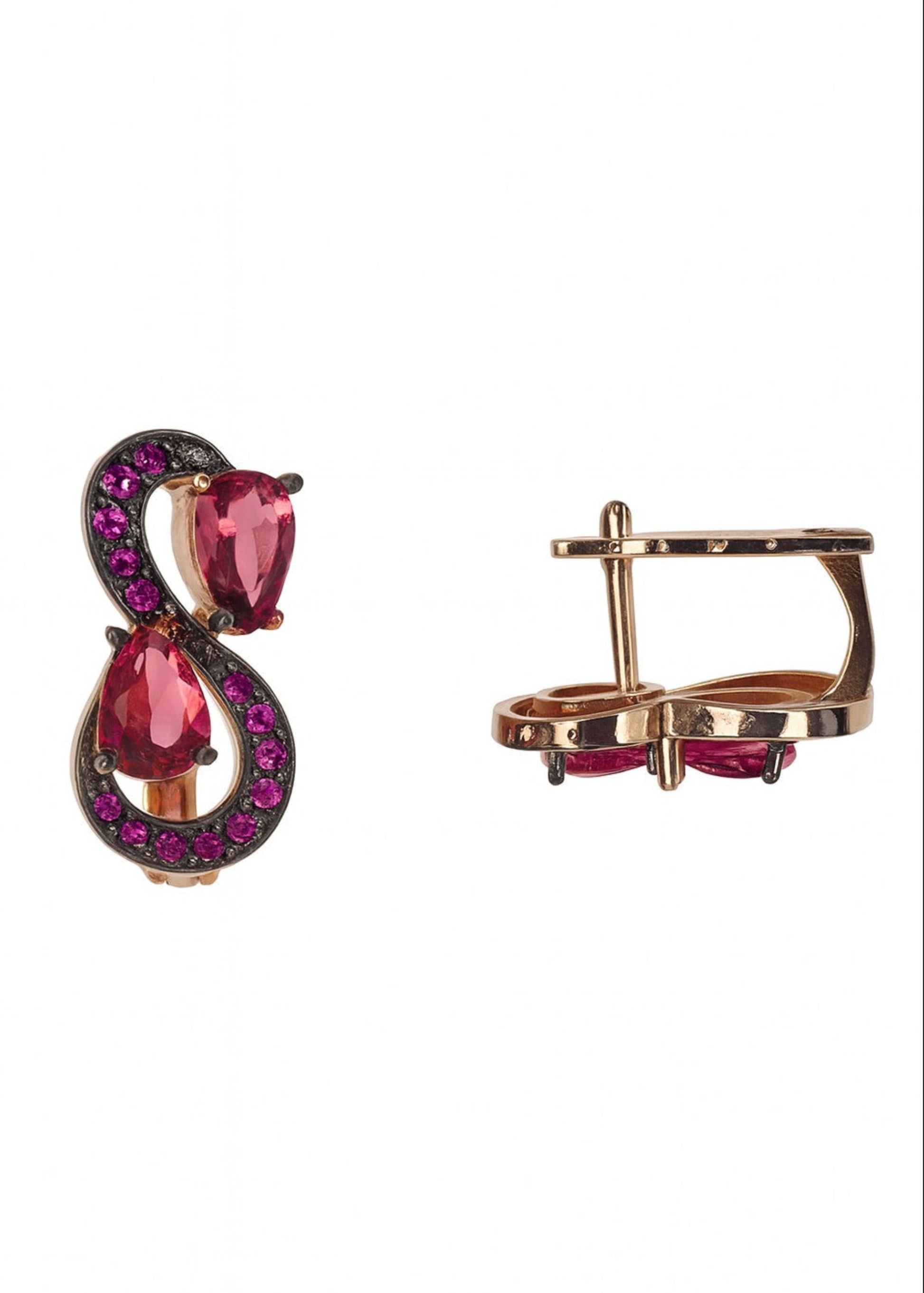 Pair of earrings with pink gemstones on a white background