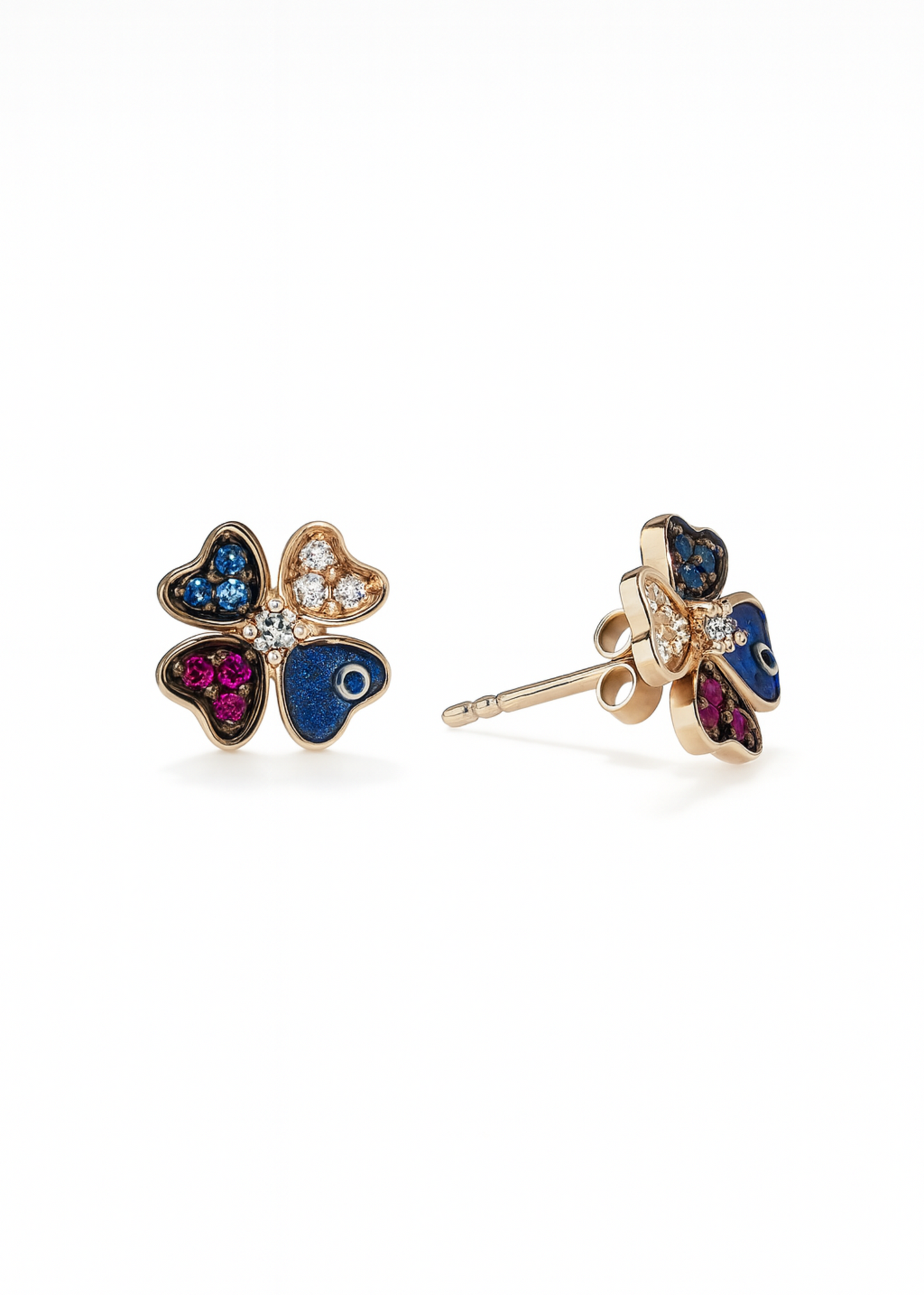 Pair of butterfly-shaped earrings with colorful gemstones on a white background
