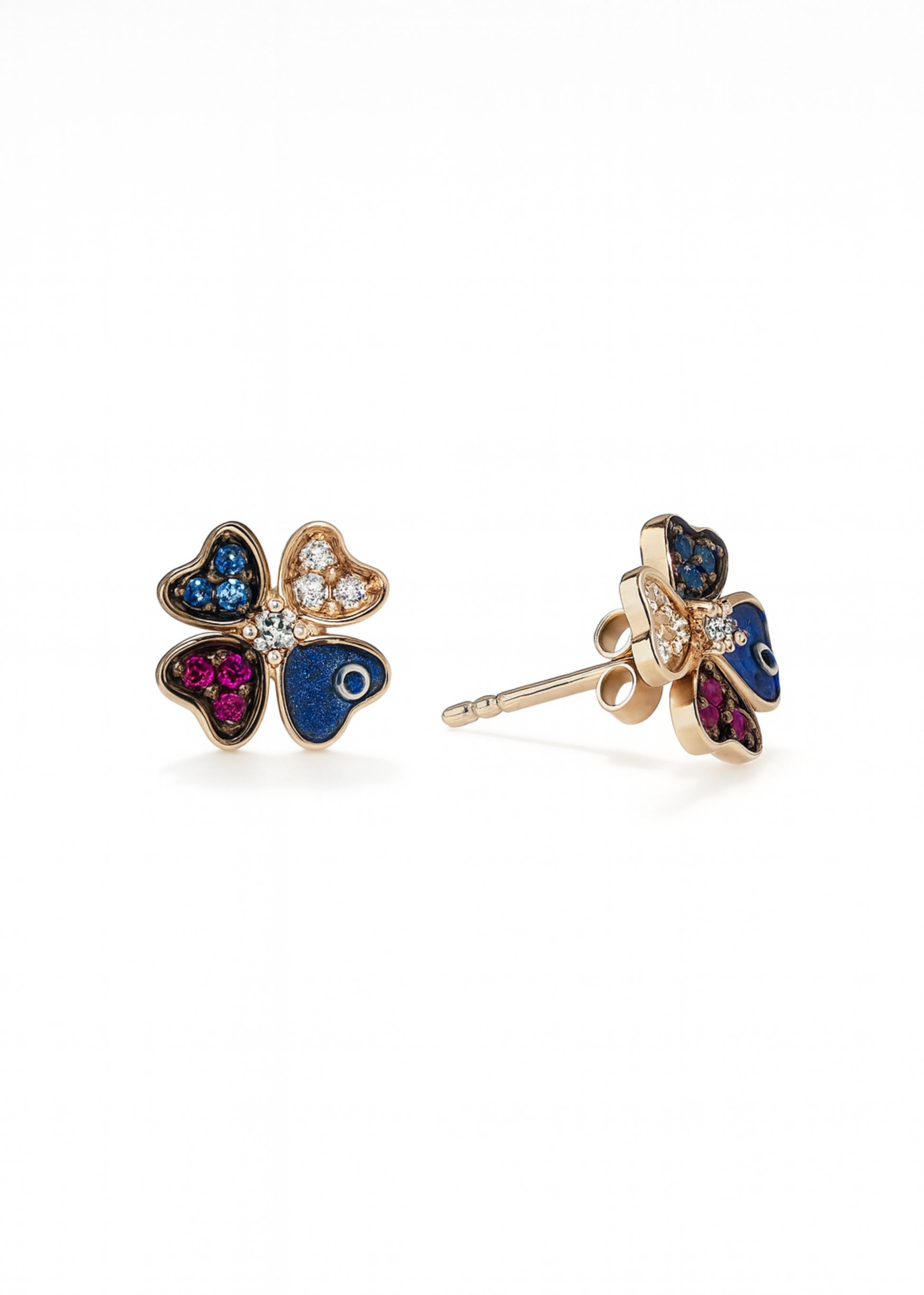 Pair of butterfly-shaped earrings with colorful gemstones on a white background