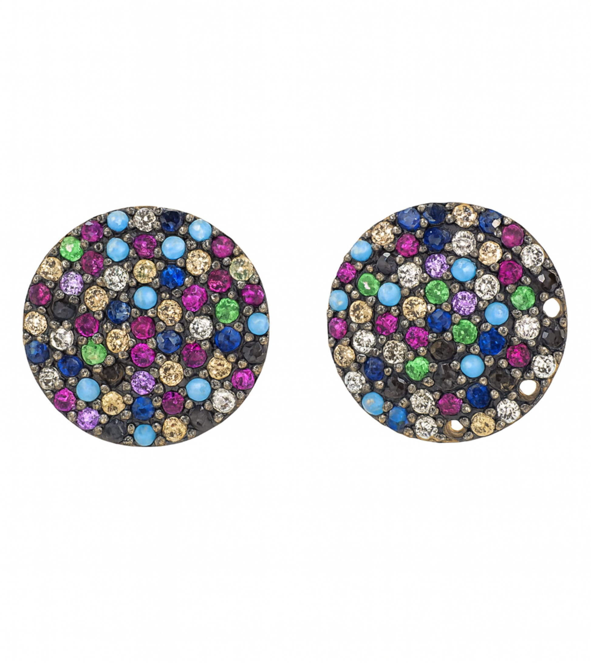 Multicolored gemstone earrings on a white background