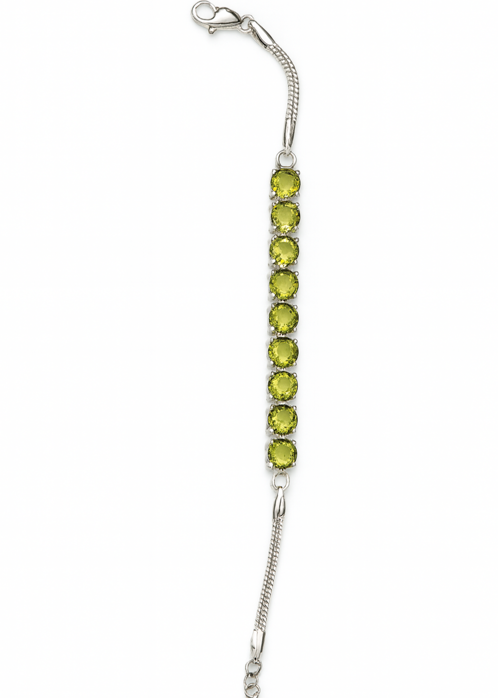 Silver bracelet with green gemstones on a white background
