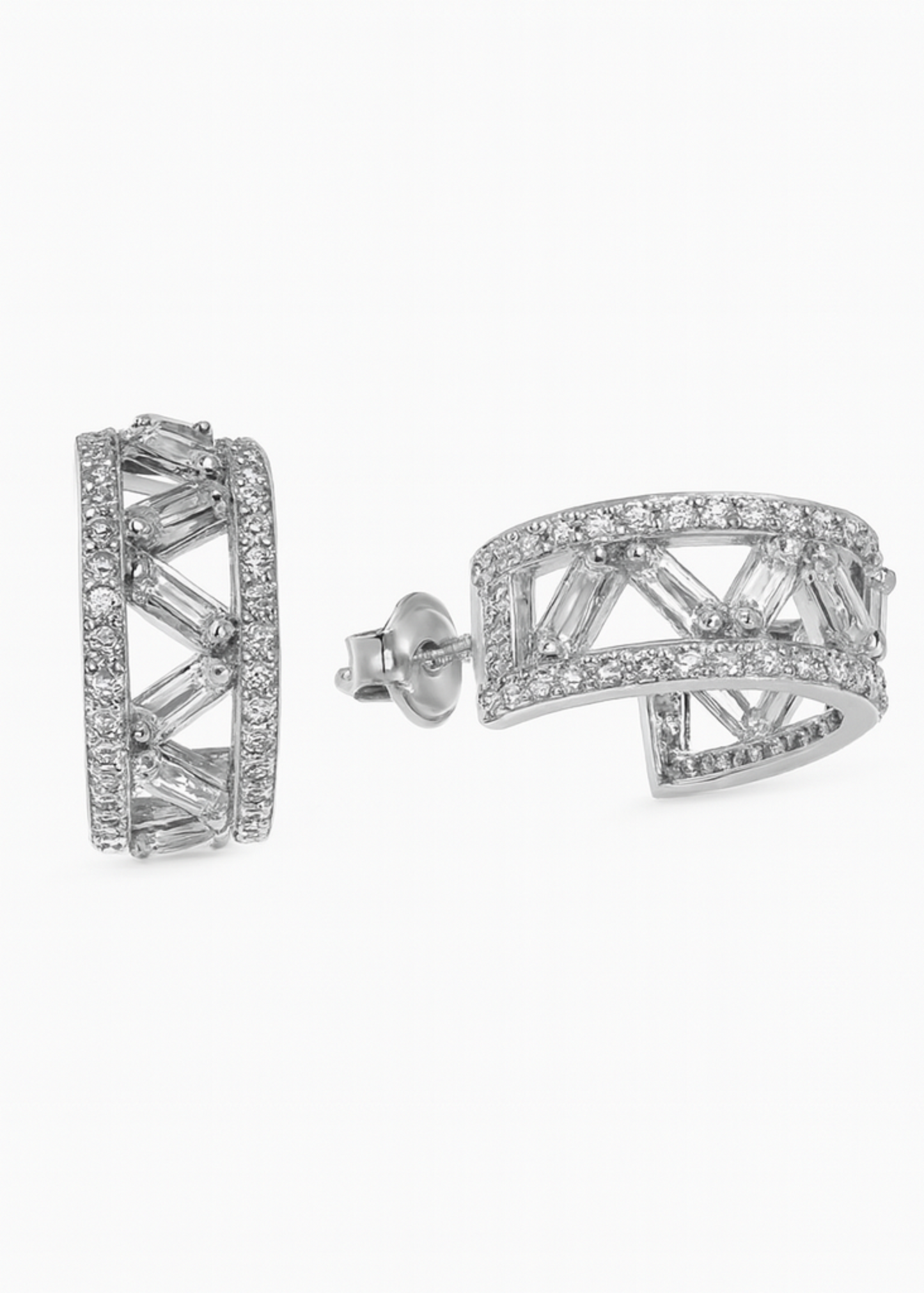 Pair of silver earrings on a white background