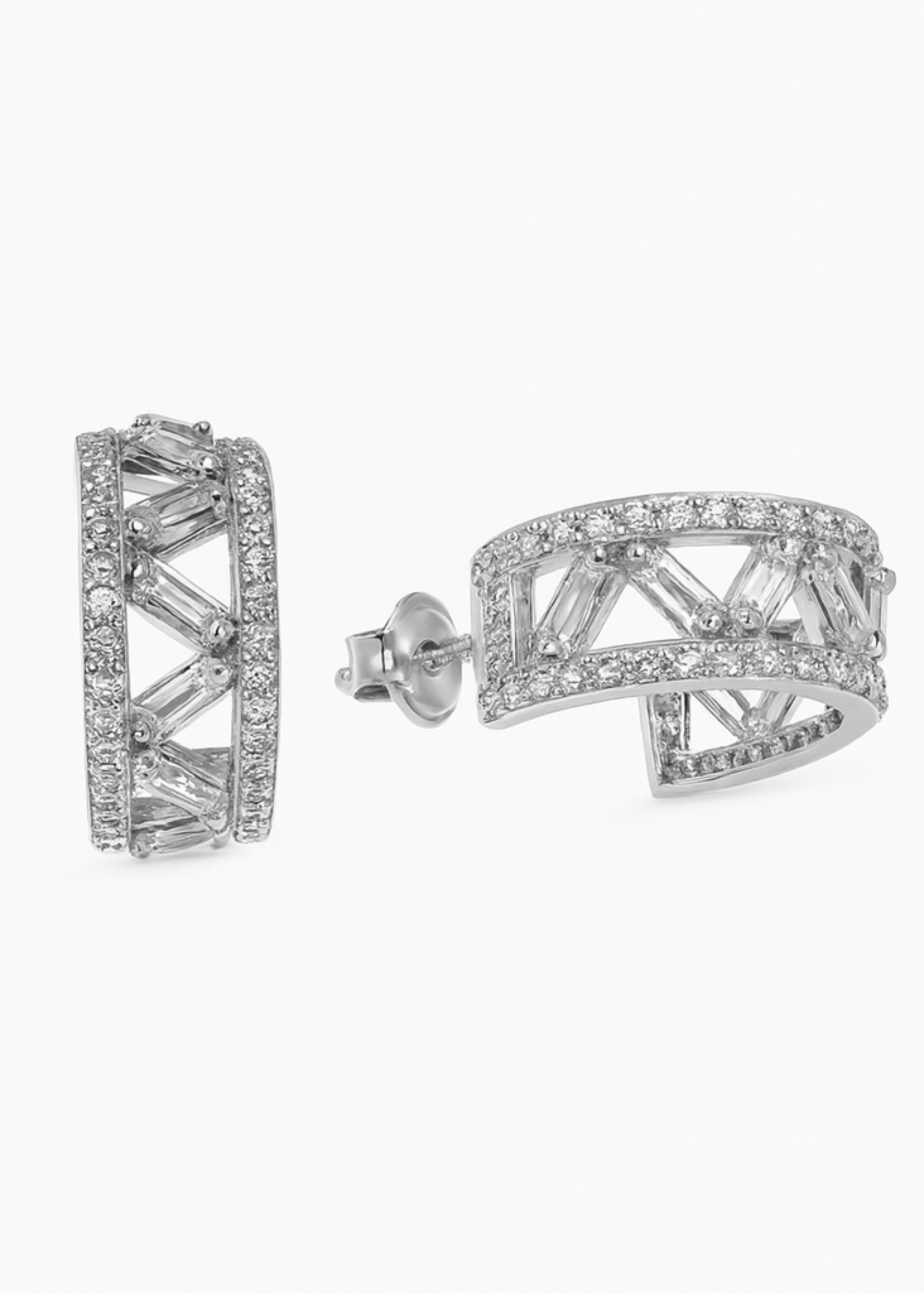 Pair of silver earrings on a white background