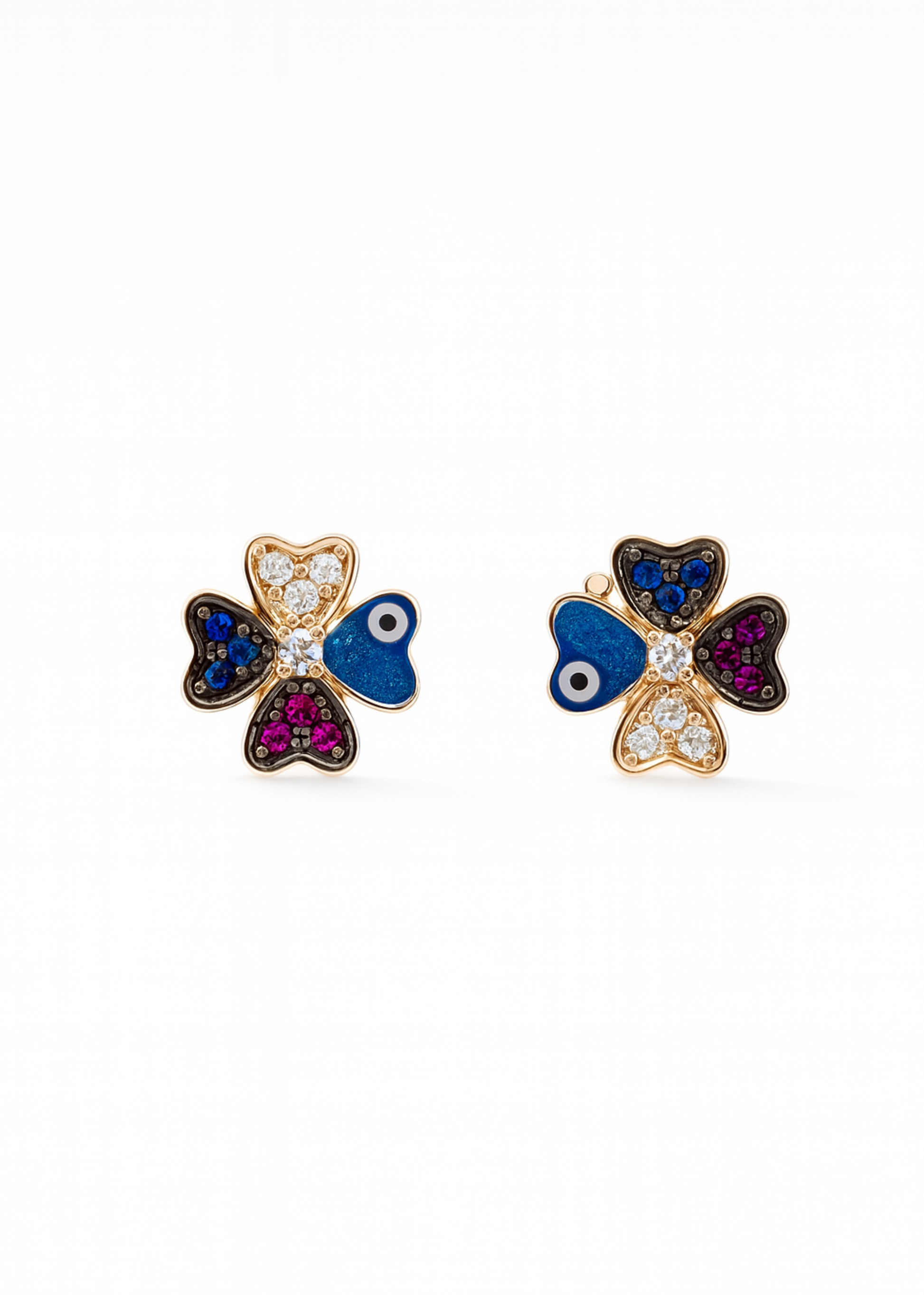 Butterfly-shaped earrings with colorful gemstones on a white background