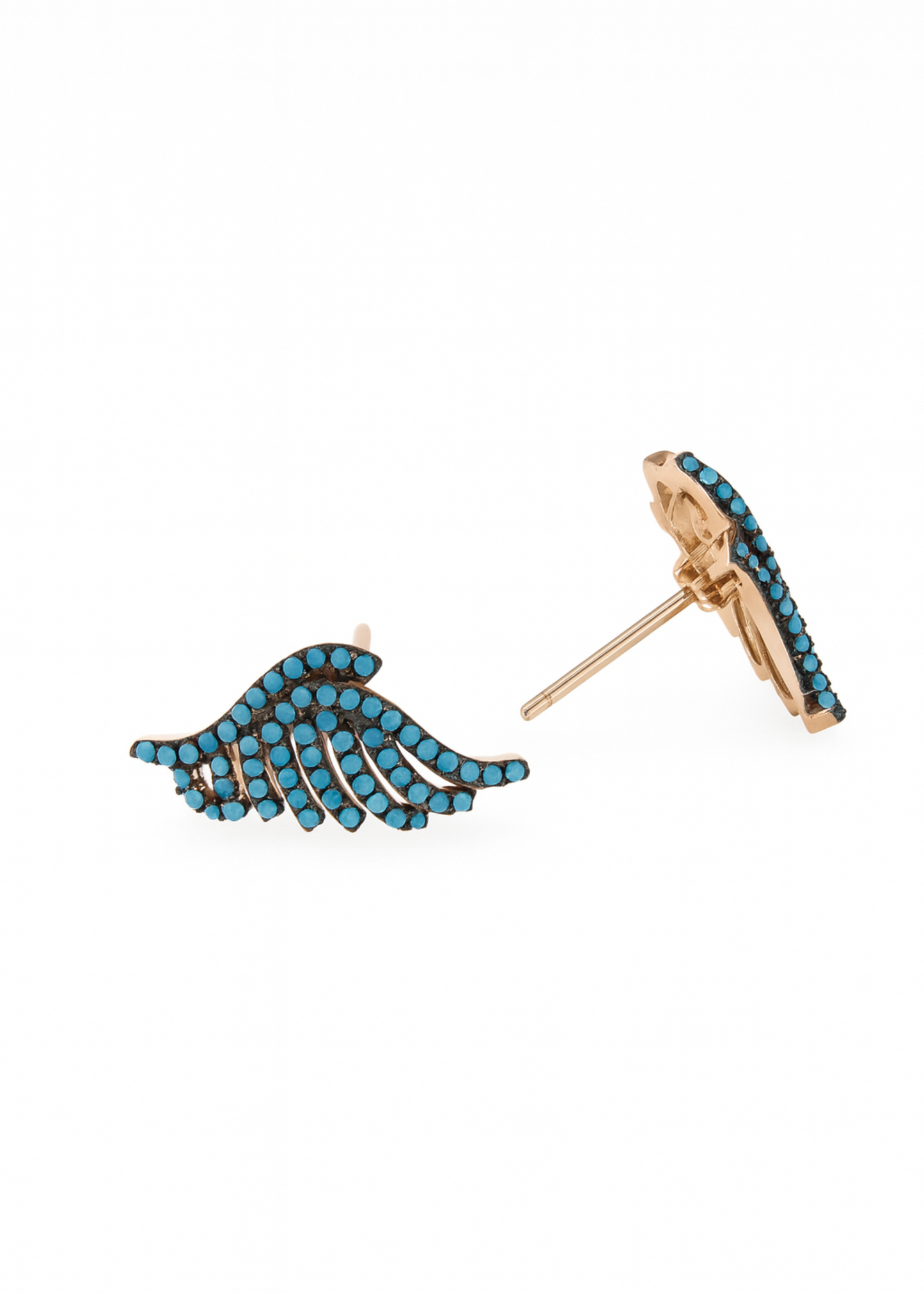Pair of blue wing-shaped earrings on a white background
