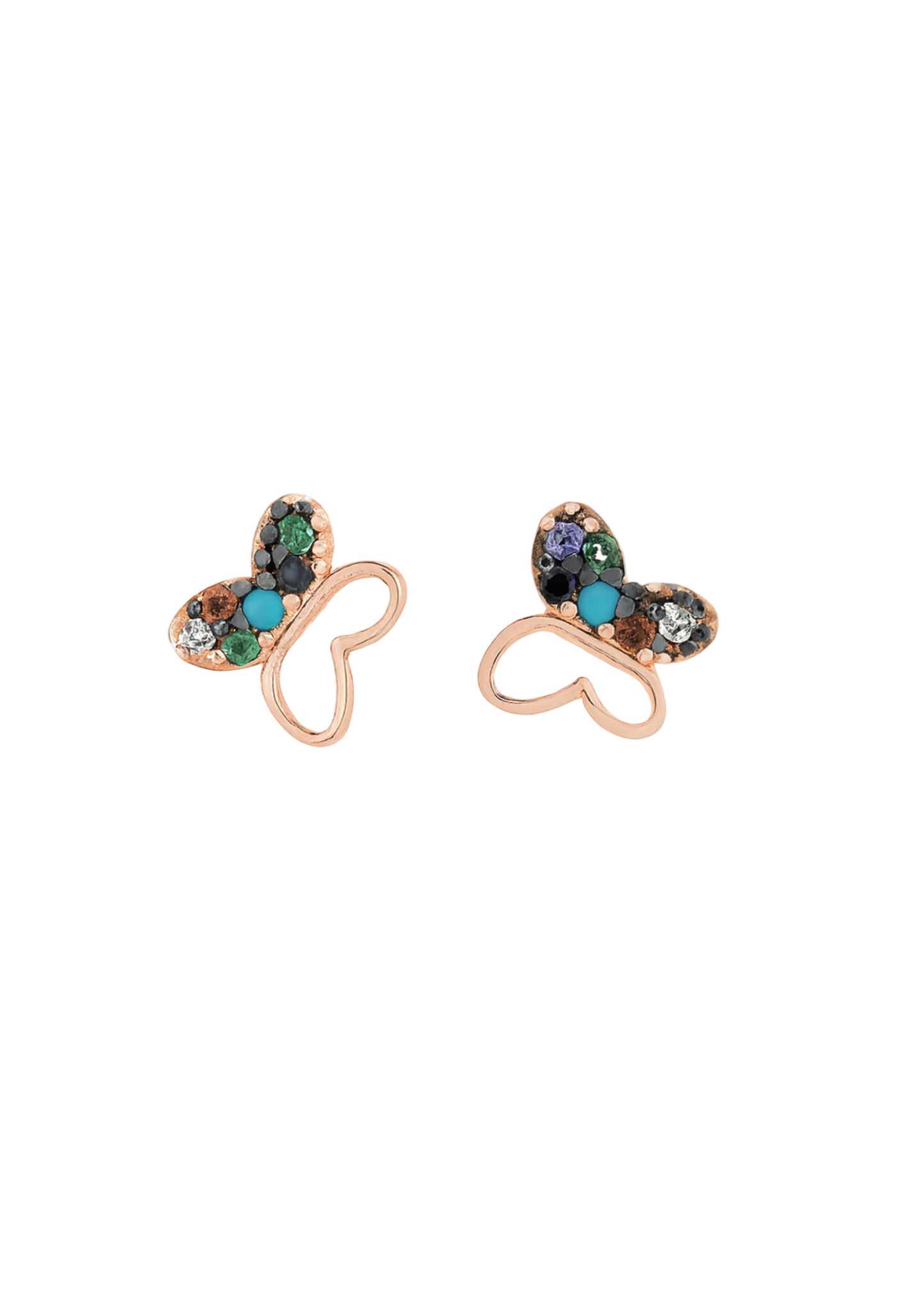 Rose gold butterfly-shaped earrings with gemstones on a white background