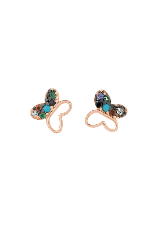 Rose gold butterfly-shaped earrings with gemstones on a white background