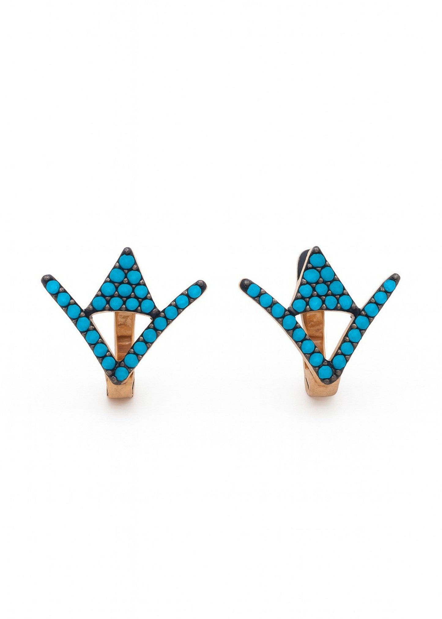 Pair of earrings with blue triangular beads on a white background