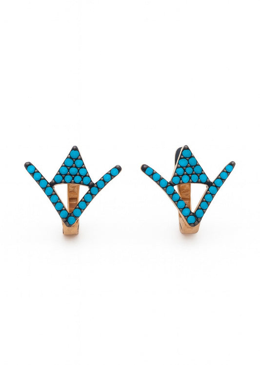 Pair of earrings with blue triangular beads on a white background