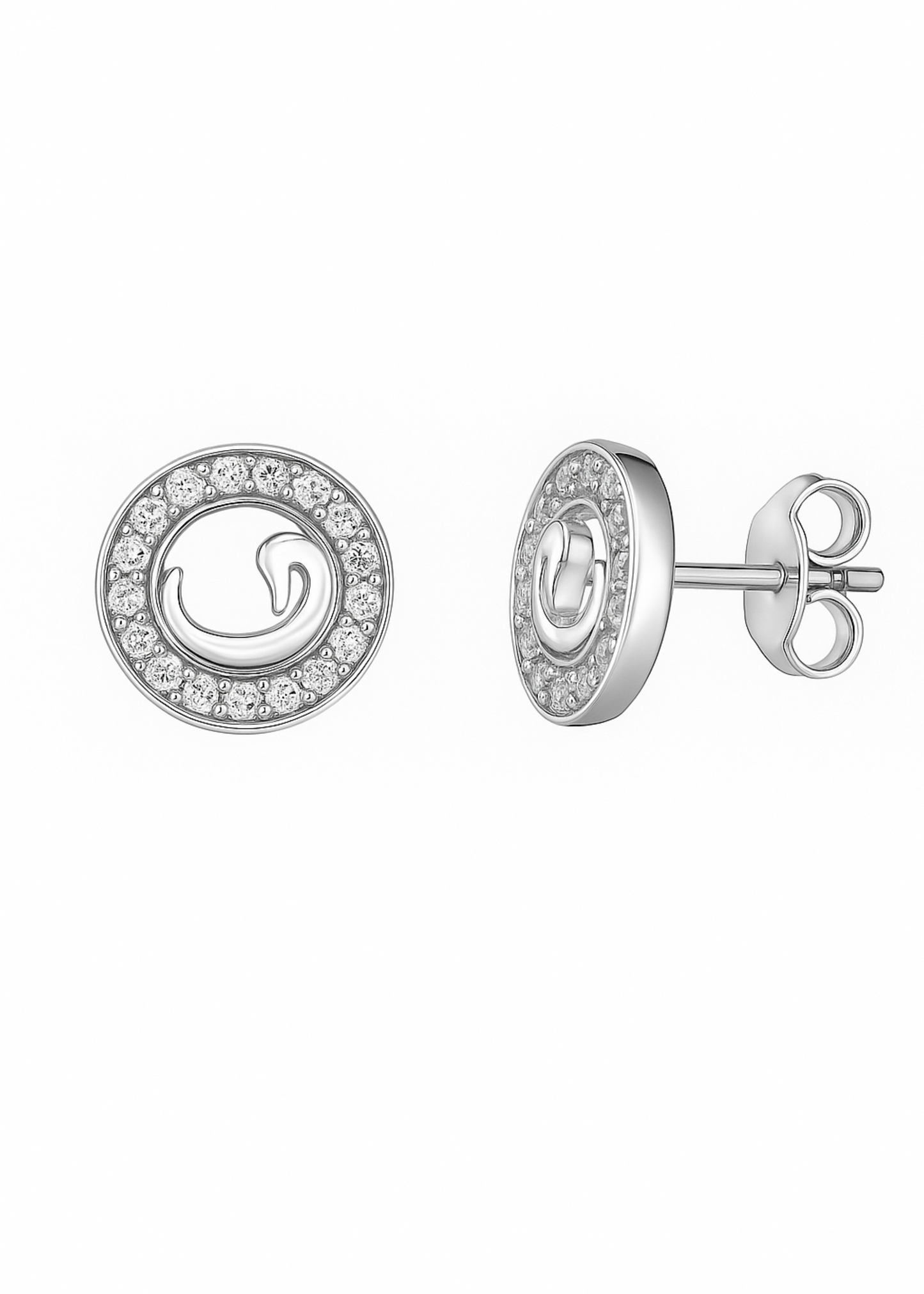 Silver earrings with circular design and clear stones on a white background