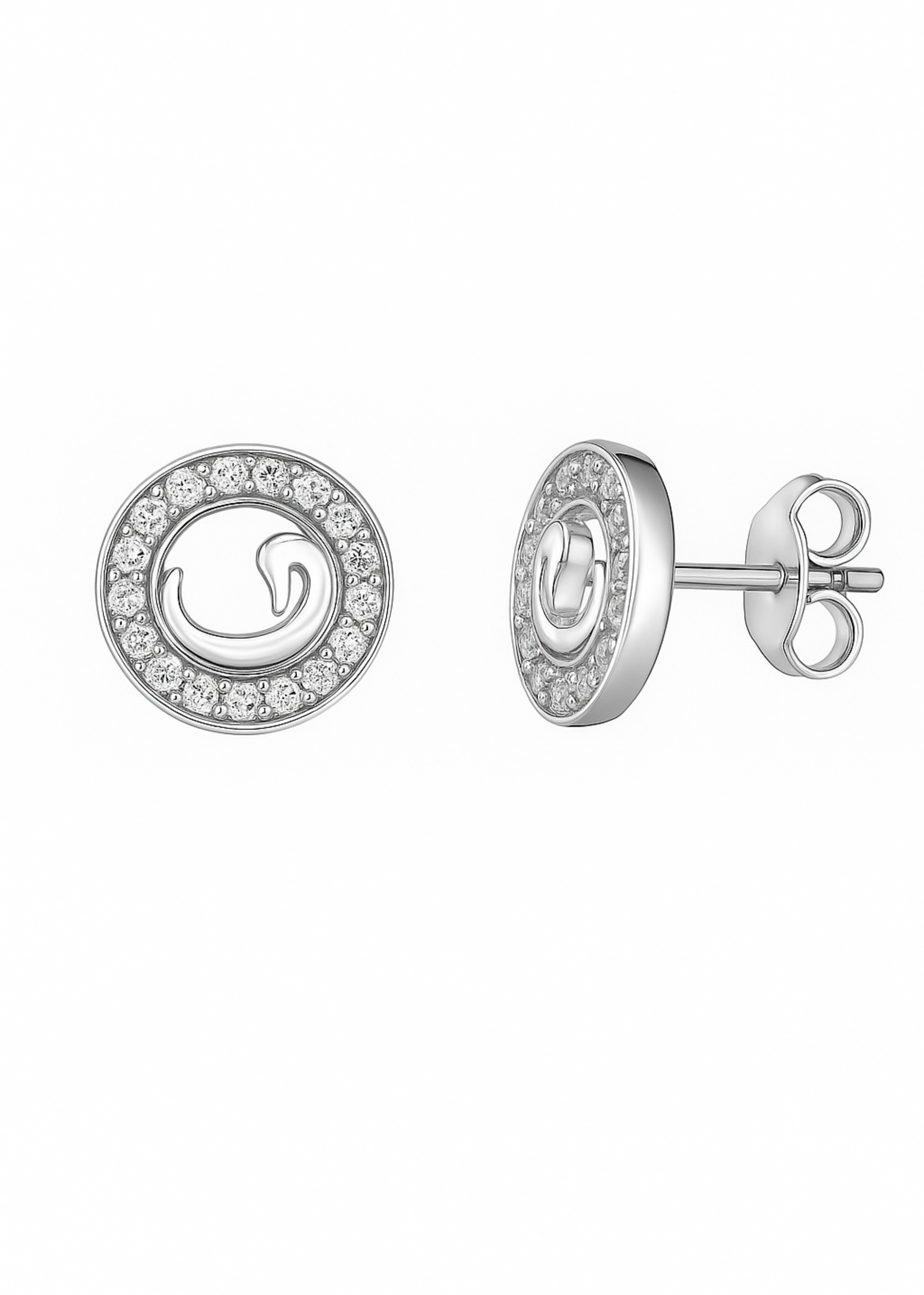 Silver earrings with circular design and clear stones on a white background