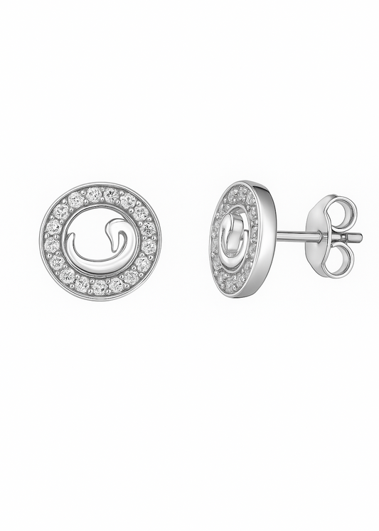 Silver earrings with circular design and clear stones on a white background
