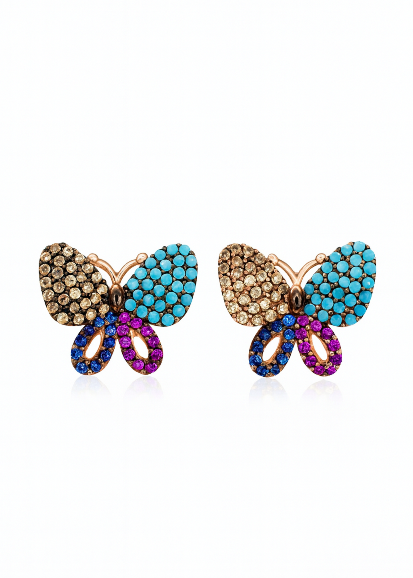 Butterfly-shaped earrings with multicolored gemstones on a white background