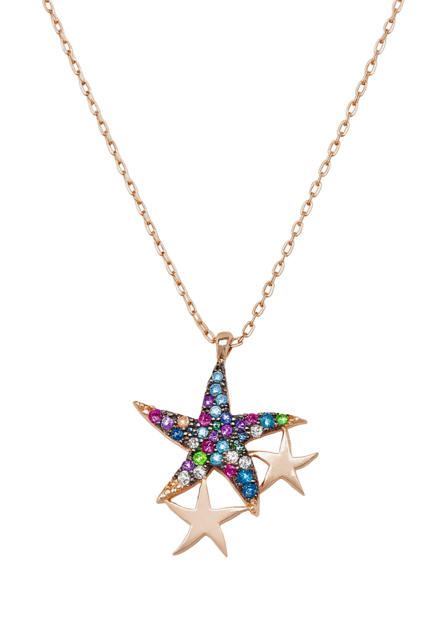 Star-shaped necklace with colorful gemstones on a white background