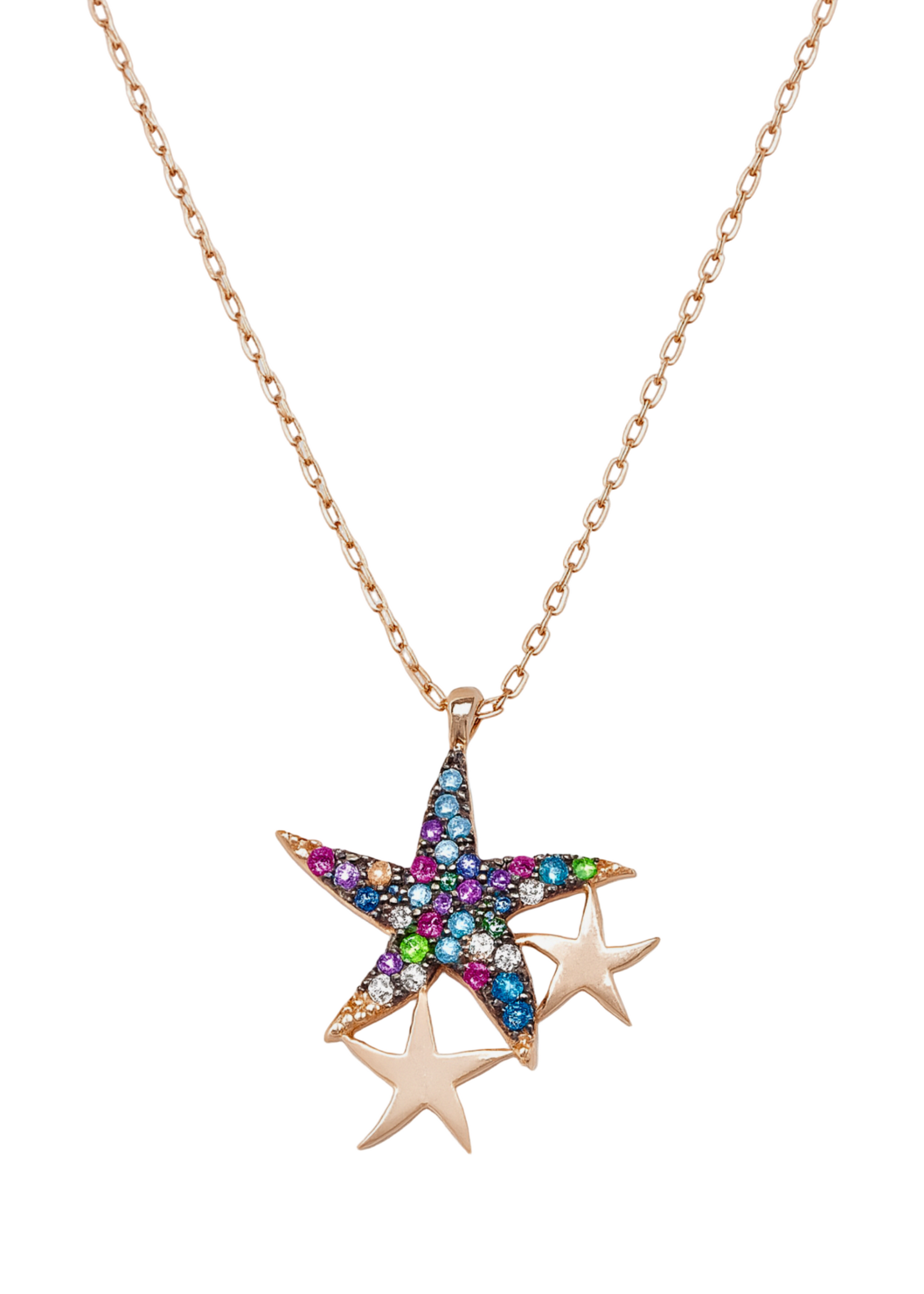 Star-shaped necklace with colorful gemstones on a white background