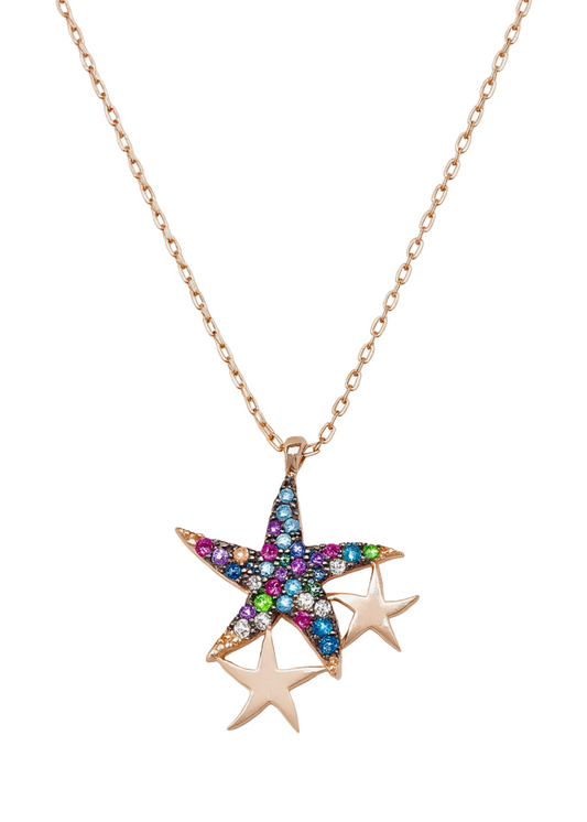 Star-shaped necklace with colorful gemstones on a white background