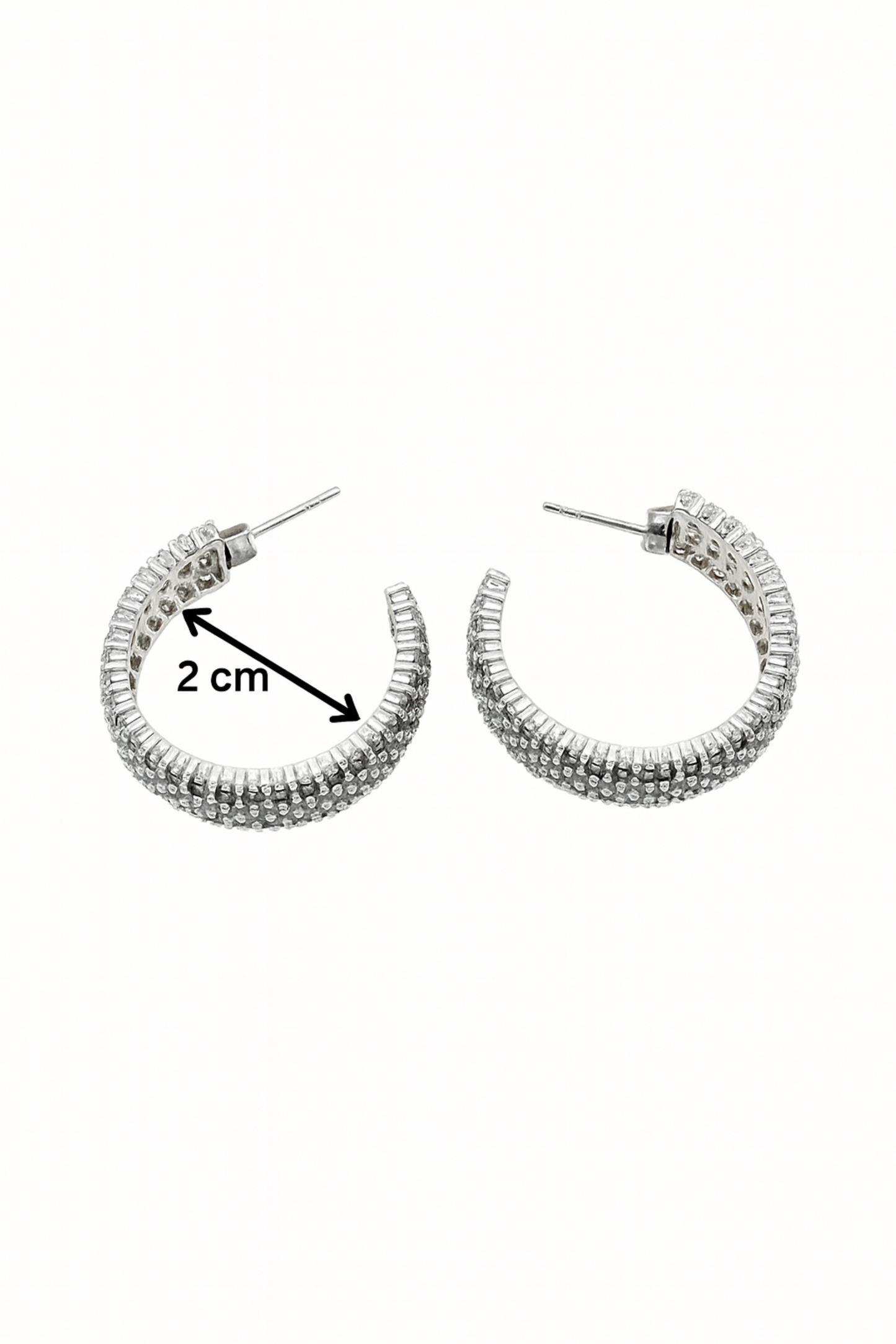 Pair of silver hoop earrings with measurement label on a white background