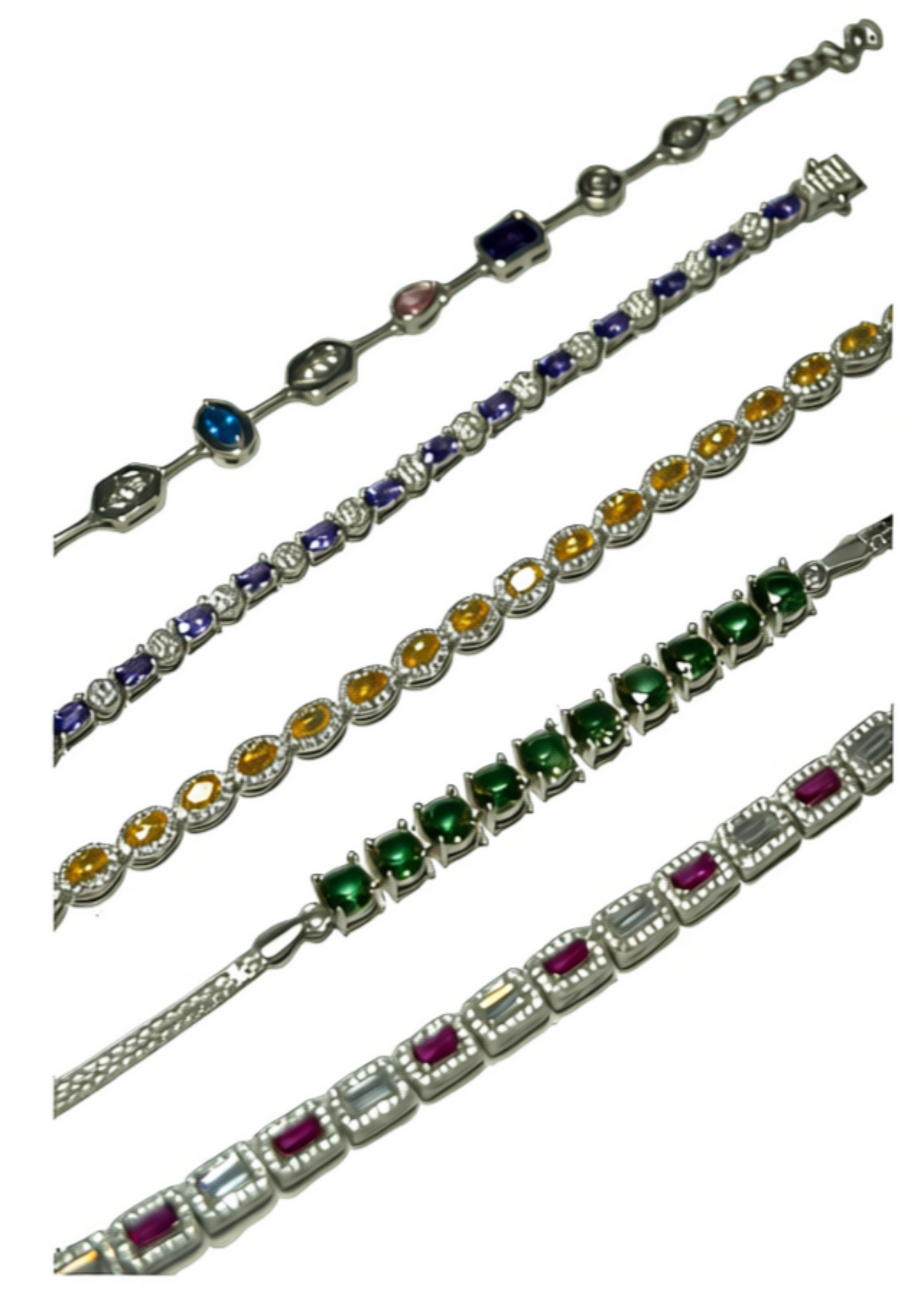 Set of four multi-colored gemstone bracelets on a white background